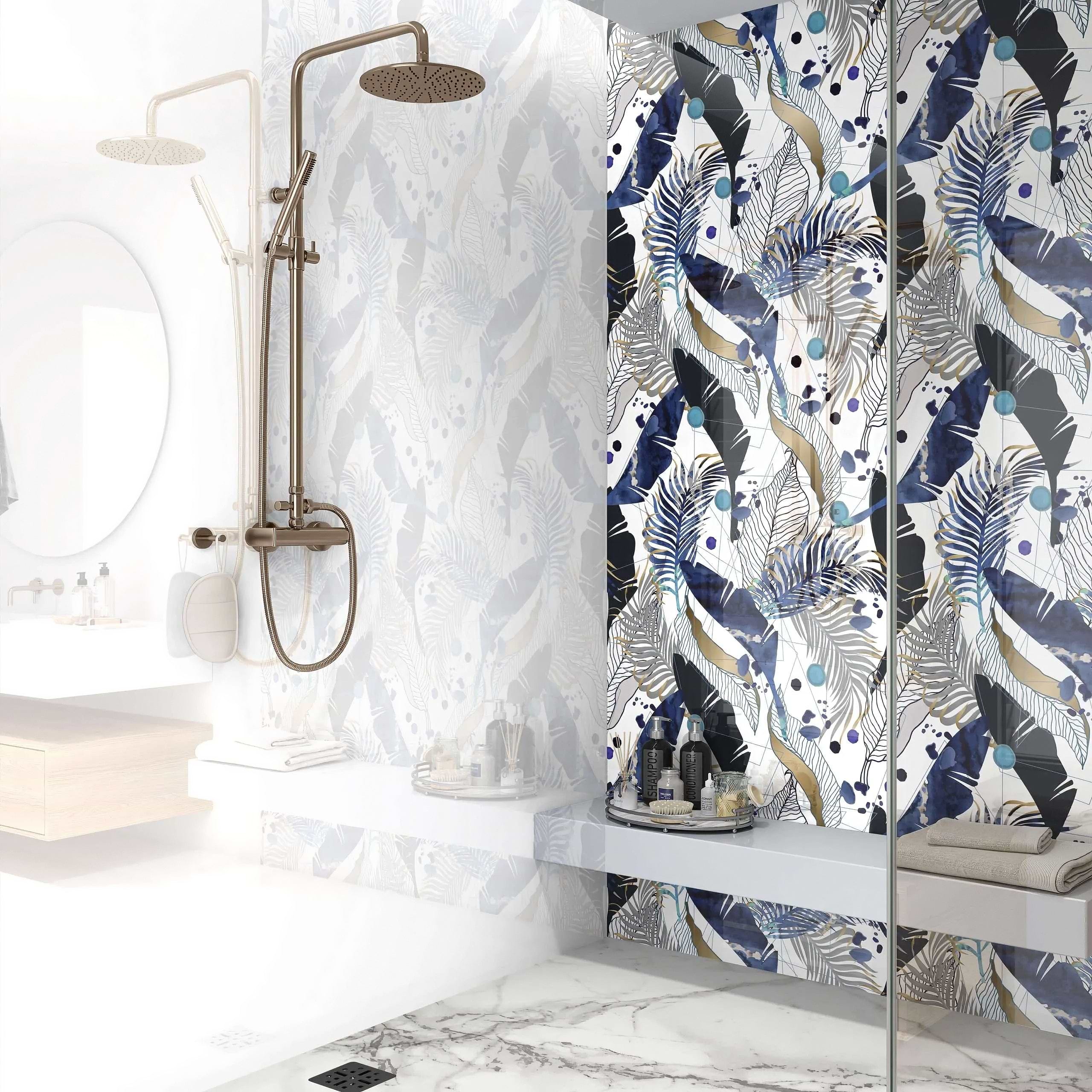 Black Gold Navy Leaves Feathers Shower Panel By Hyperion Tiles