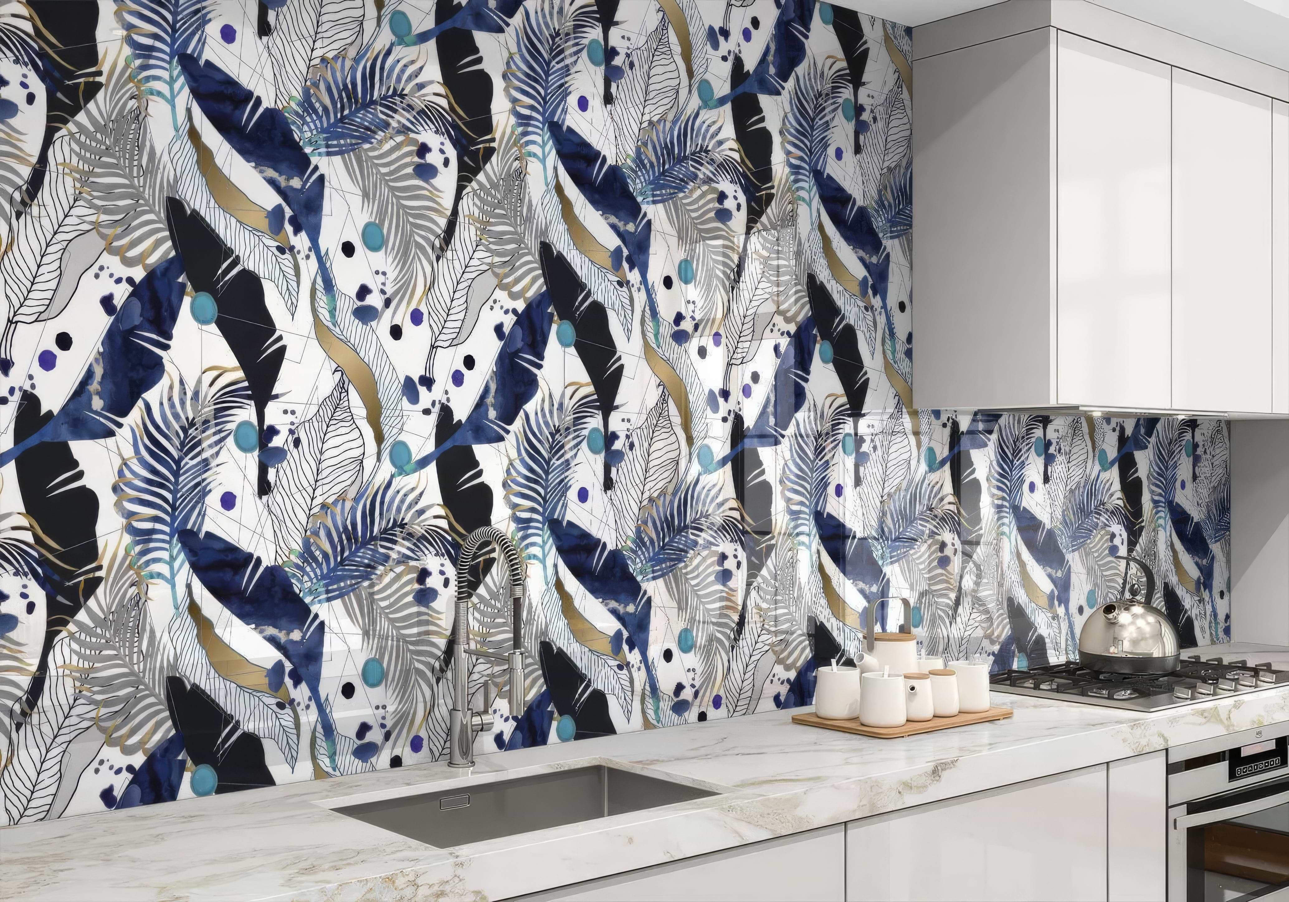 Black Gold Navy Leaves Feathers Shower Panel By Hyperion Tiles