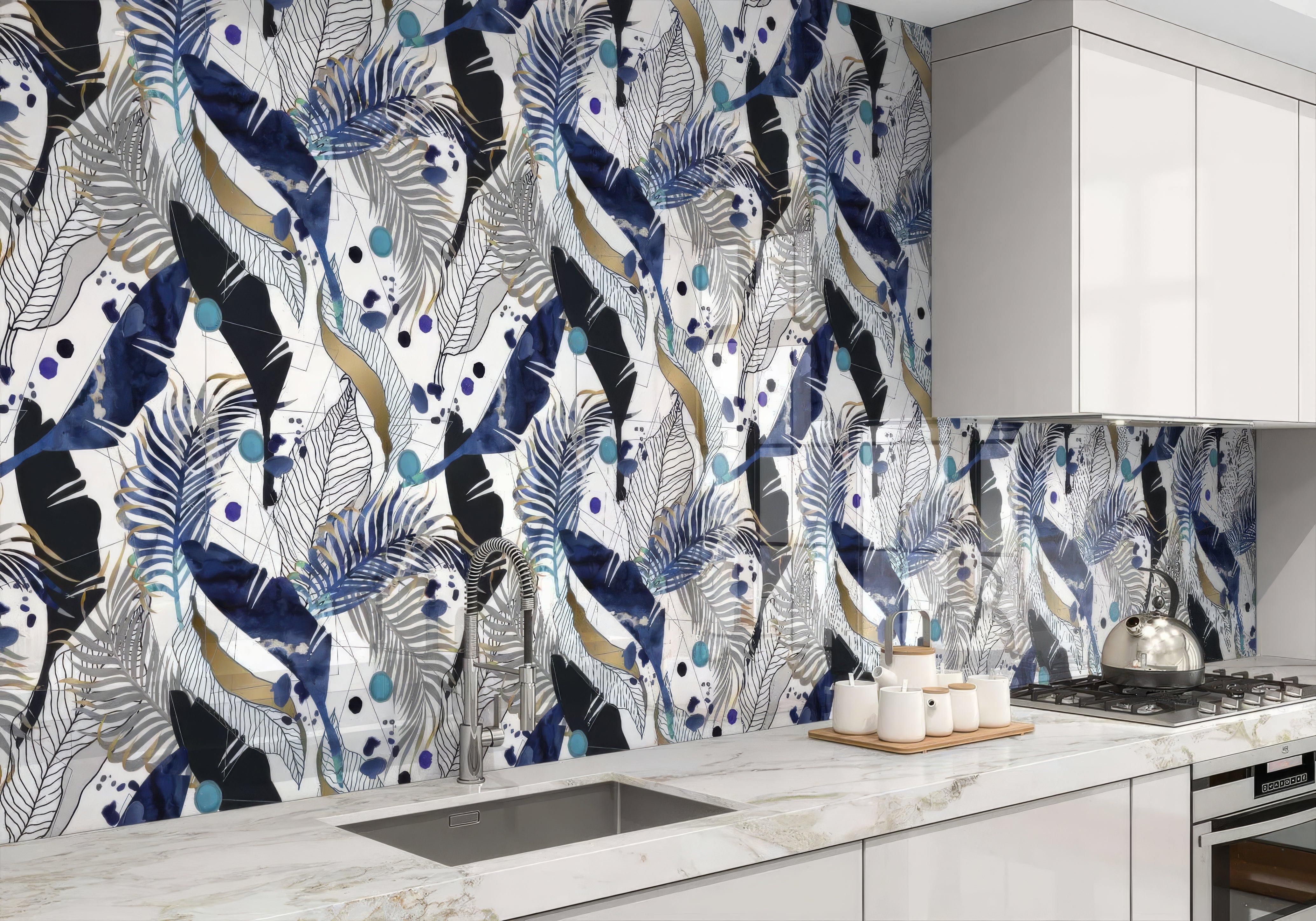 Black Gold Navy Leaves Feathers Shower Panel By Hyperion Tiles