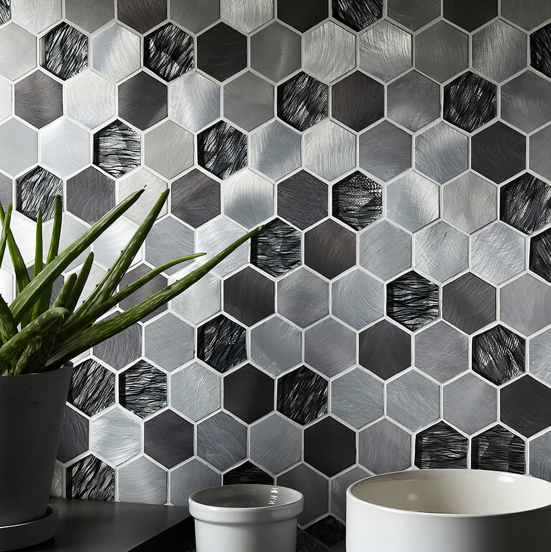 Black Mix Glass &amp; Metal Hexagon Mosaic