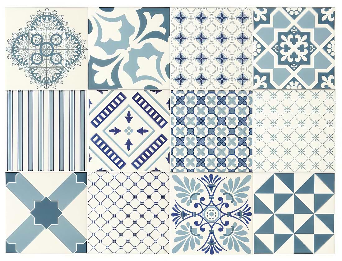 Blue Tapestry Set-12 on Brilliant White - Hyperion Tiles
