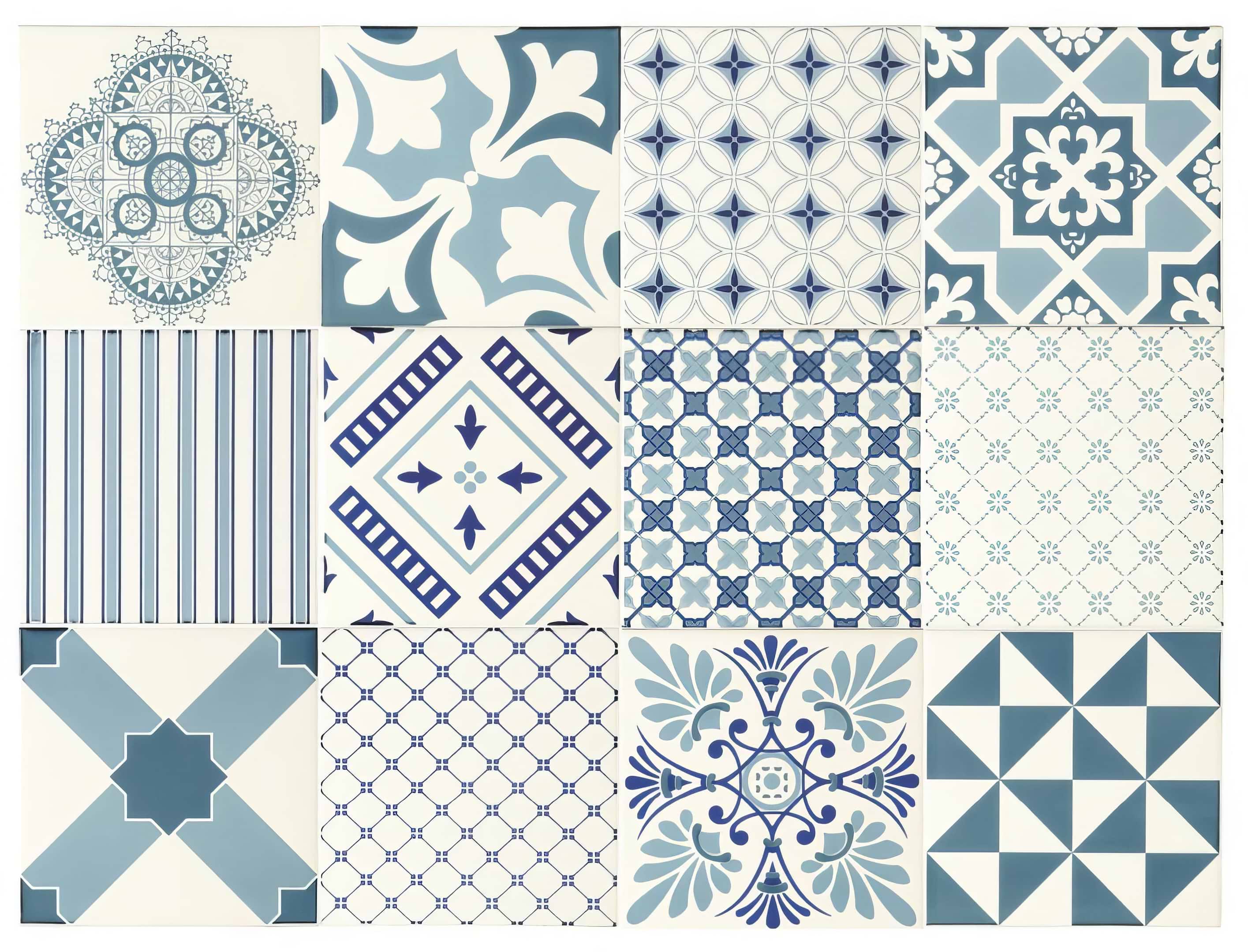 Blue Tapestry Set-12 on Brilliant White - Hyperion Tiles