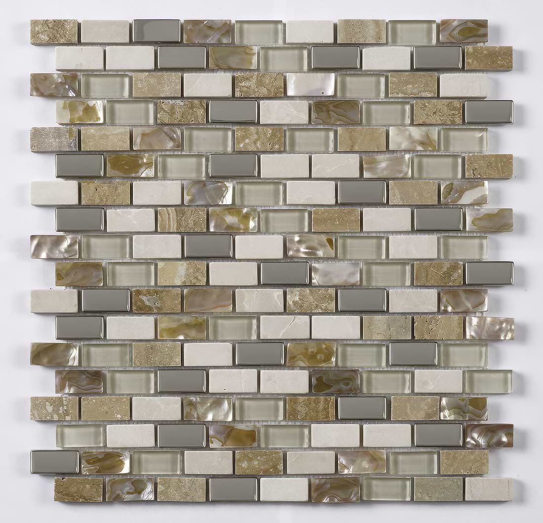 Cream Glass, Stone, Metal &amp; Pearl Mix Mini Brick Mosaic - Hyperion Tiles