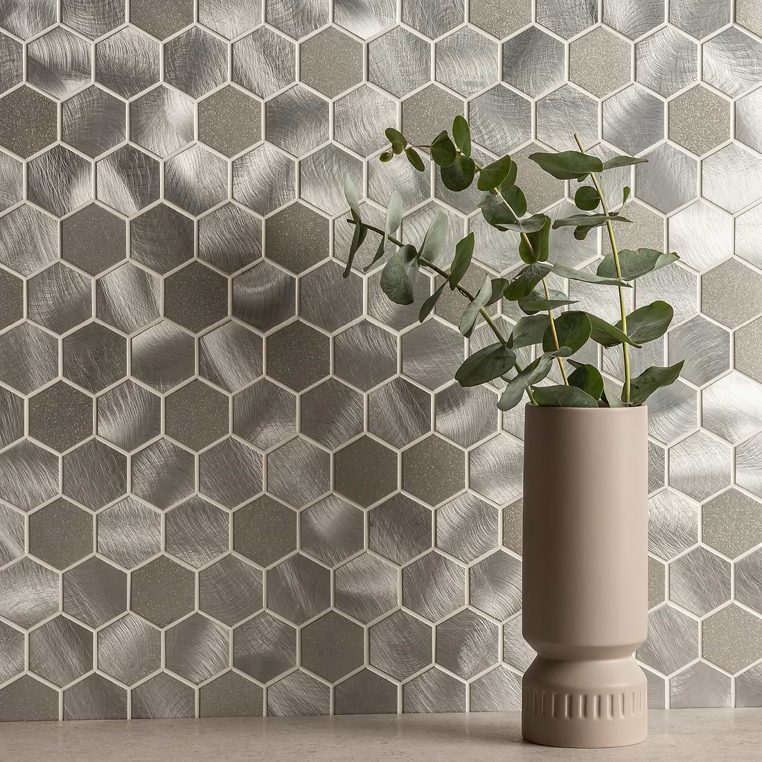 Fenrir Silver Mixed Finish Hexagon Mosaic- Hyperion Tiles