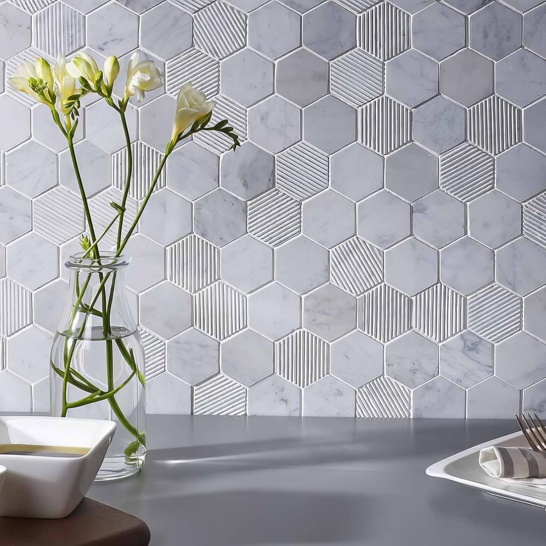 Fog Stone Hexagon Mixed Finish Marble Mosaic - Hyperion Tiles