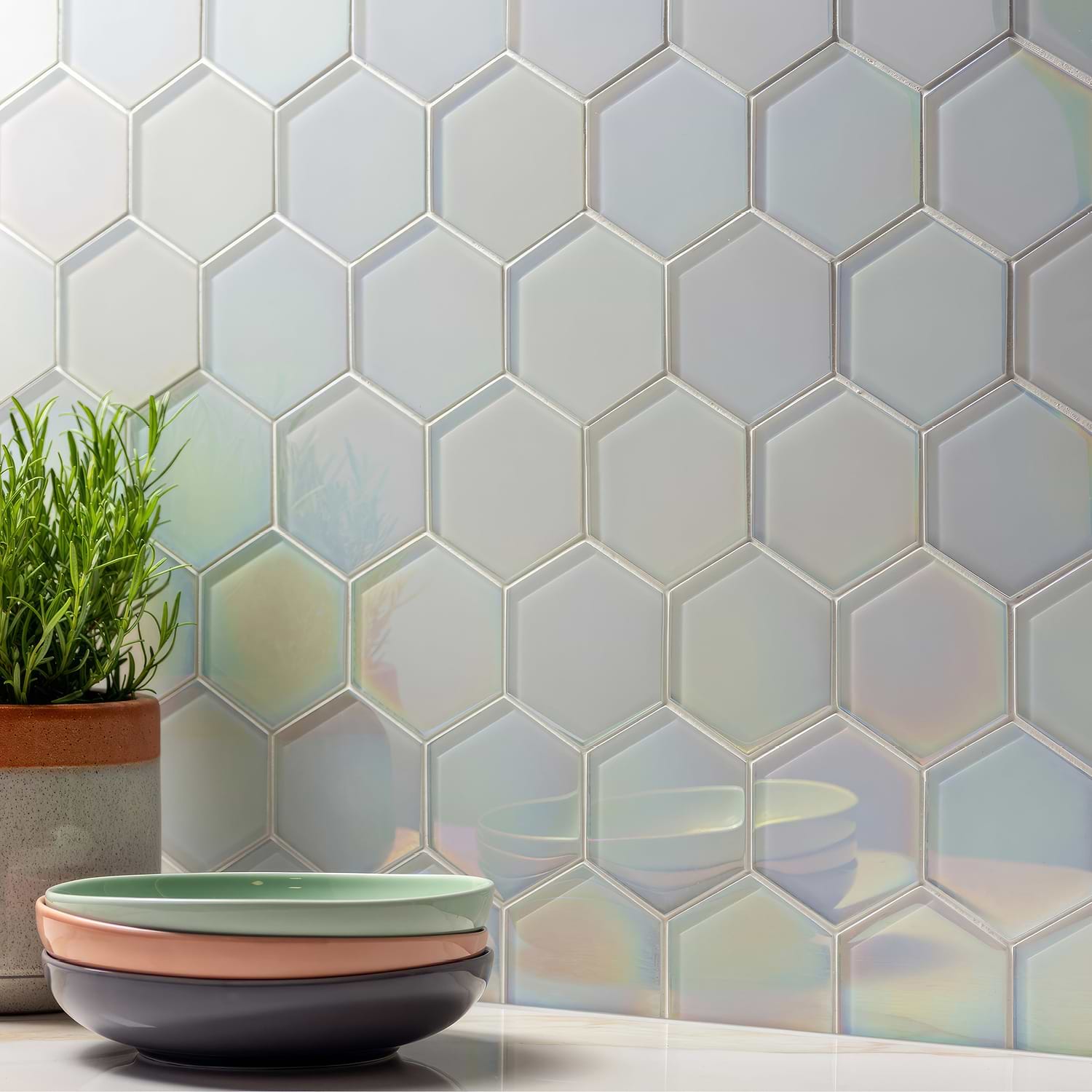 Futura Dichroic Hexagon Mosaic Textured Hexagon Mosaic - Hyperion Tiles