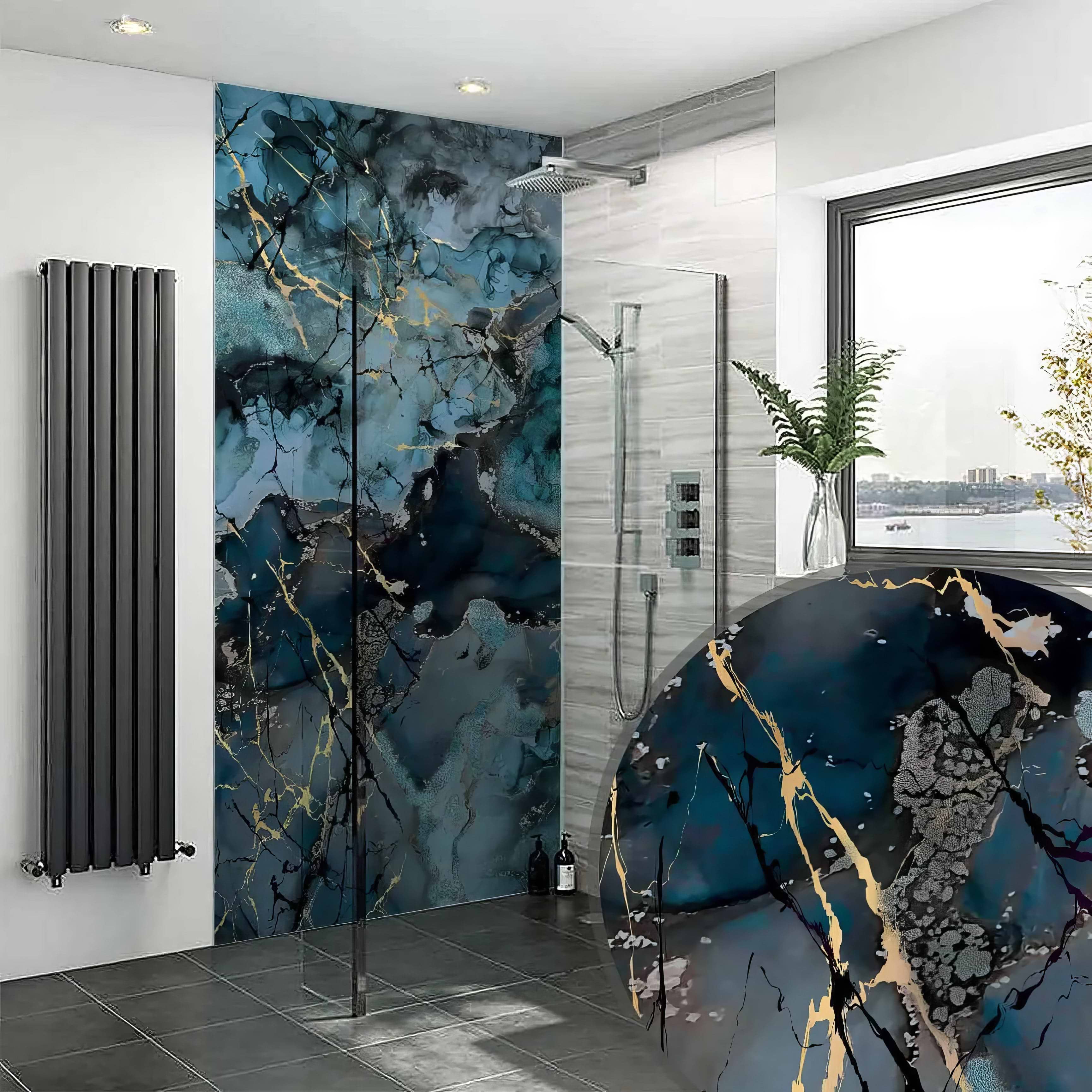 Grey Blue Gold Fluid Marble Shower Panel By Hyperion Tiles