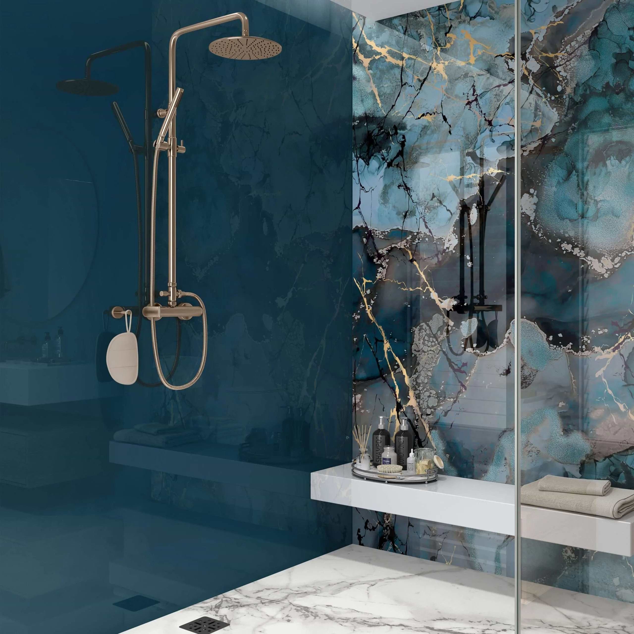 Grey Blue Gold Fluid Marble Shower Panel By Hyperion Tiles