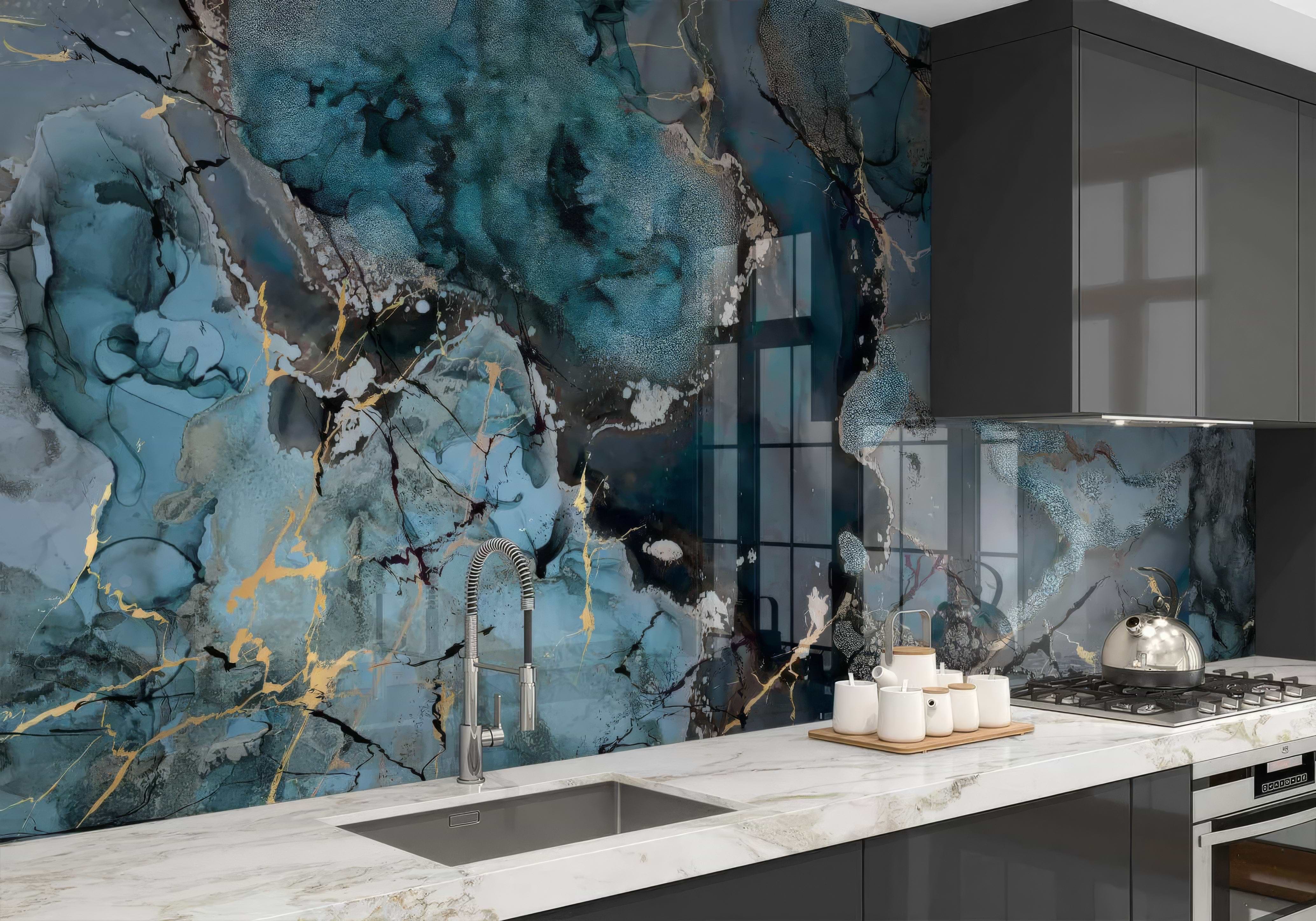 Grey Blue Gold Fluid Marble Shower Panel By Hyperion Tiles