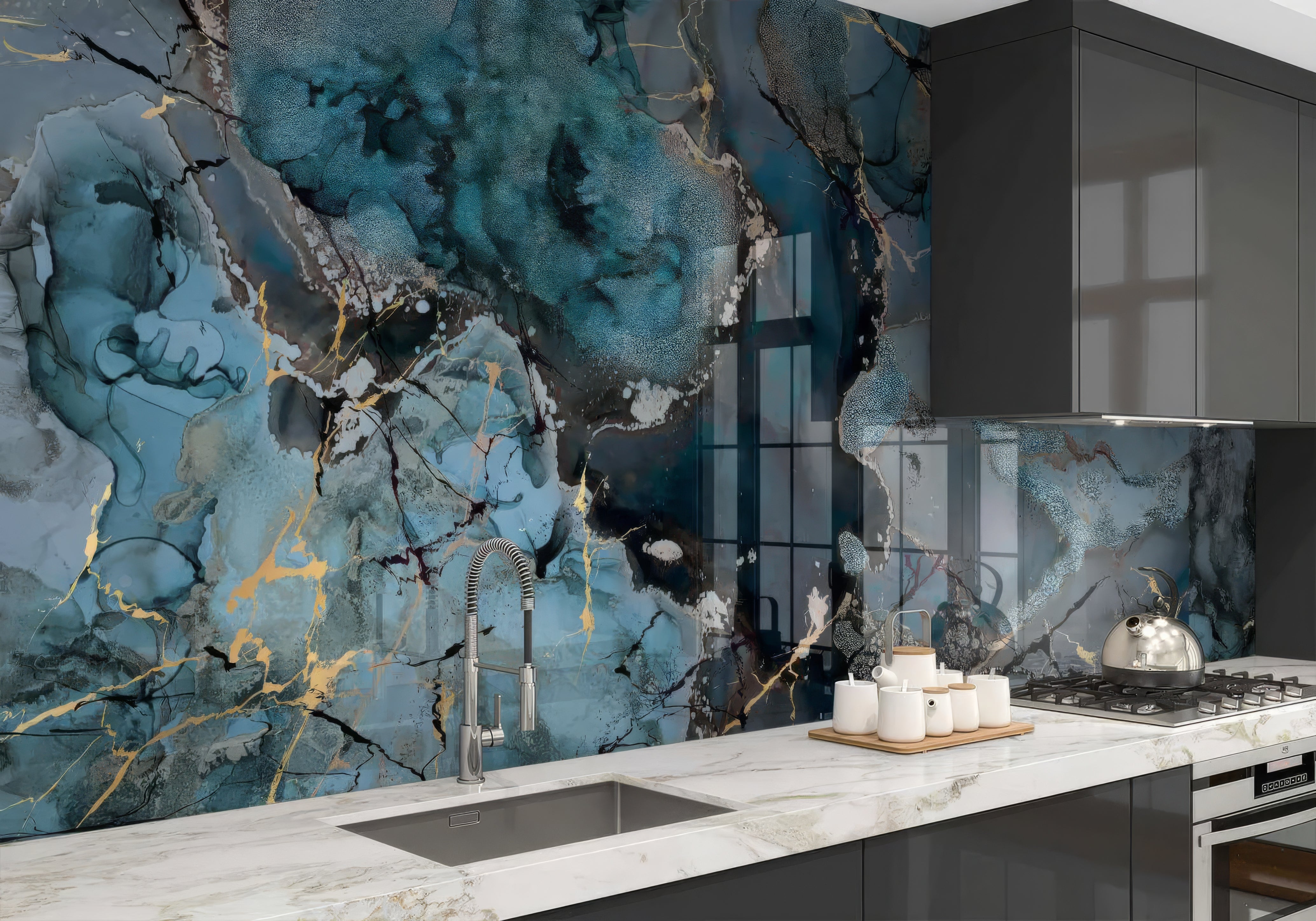 Grey Blue Gold Fluid Marble Shower Panel By Hyperion Tiles