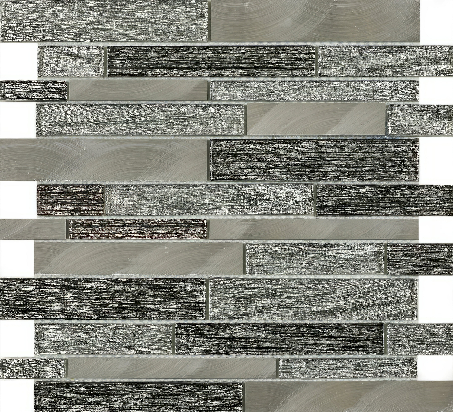 Grey Glass &amp; Metal Mix Offset Linear Mosaic - Hyperion Tiles