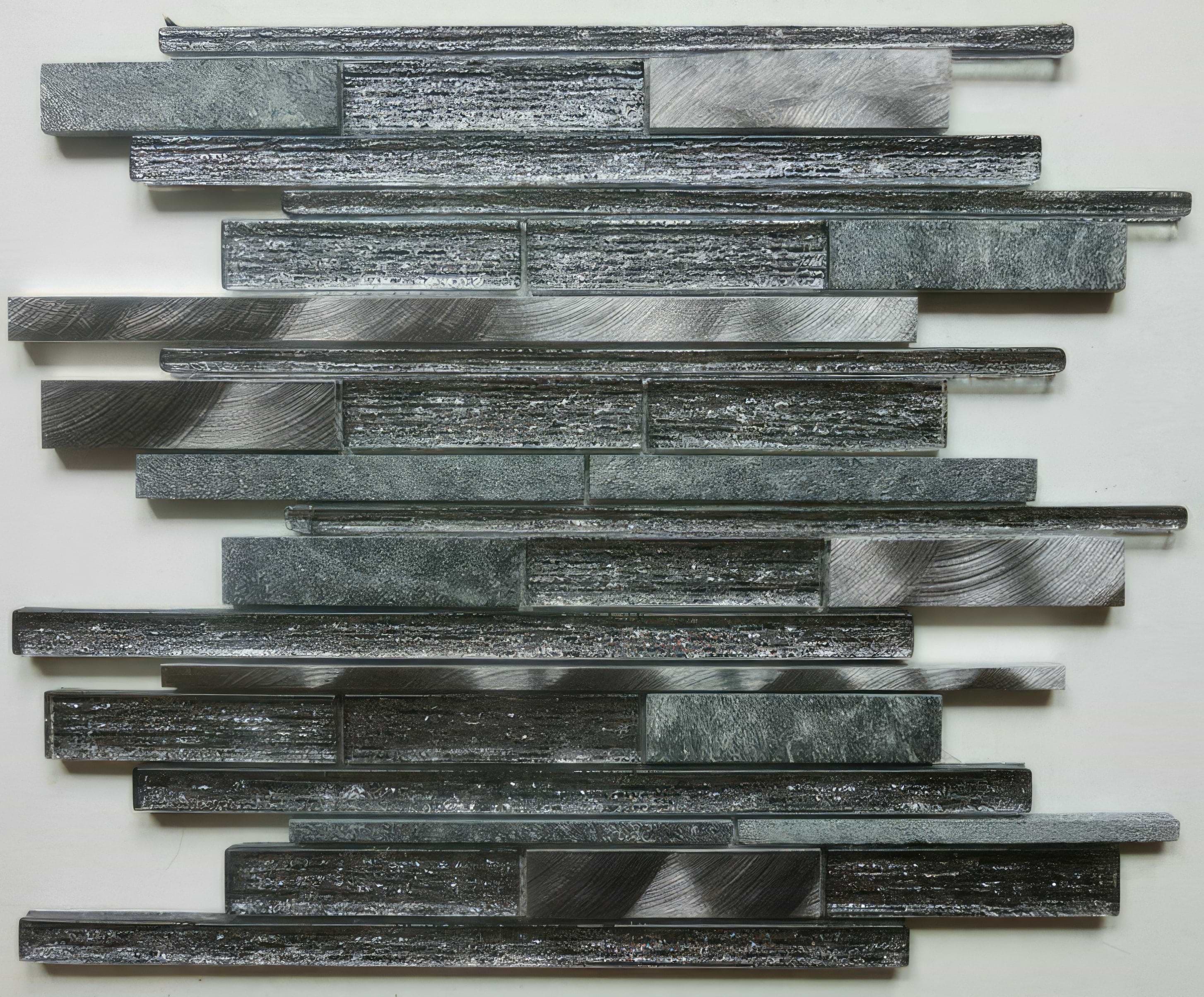 Kenton Grey Glass/Stone/Metal Mix Offset Linear Mosaic - Hyperion Tiles