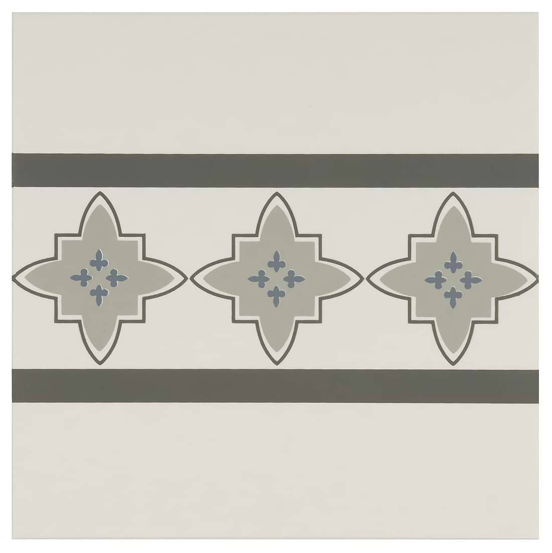 Marrakech Border Light Blue, Light Grey and Dark Grey on Dover White - Hyperion Tiles