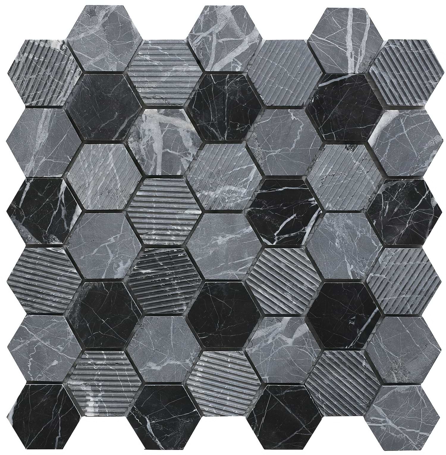 Midnight Stone Hexagon Mixed Finish Marble Mosaic - Hyperion Tiles