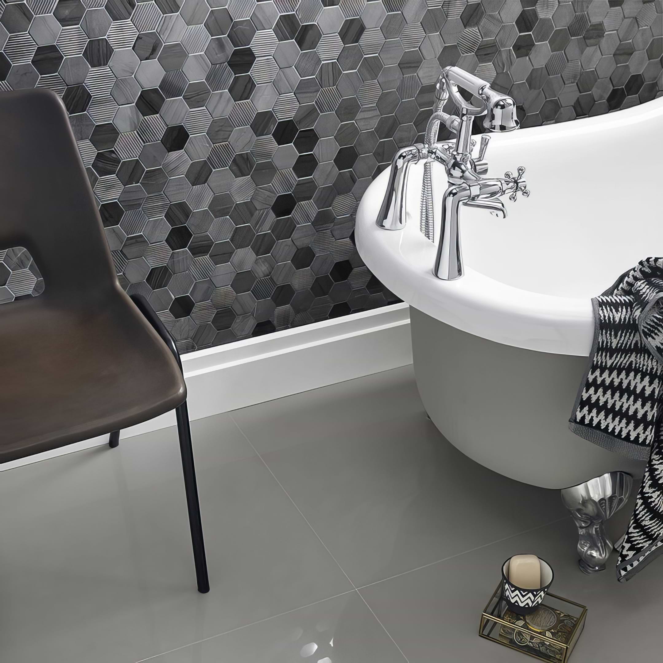 Midnight Stone Hexagon Mixed Finish Marble Mosaic - Hyperion Tiles