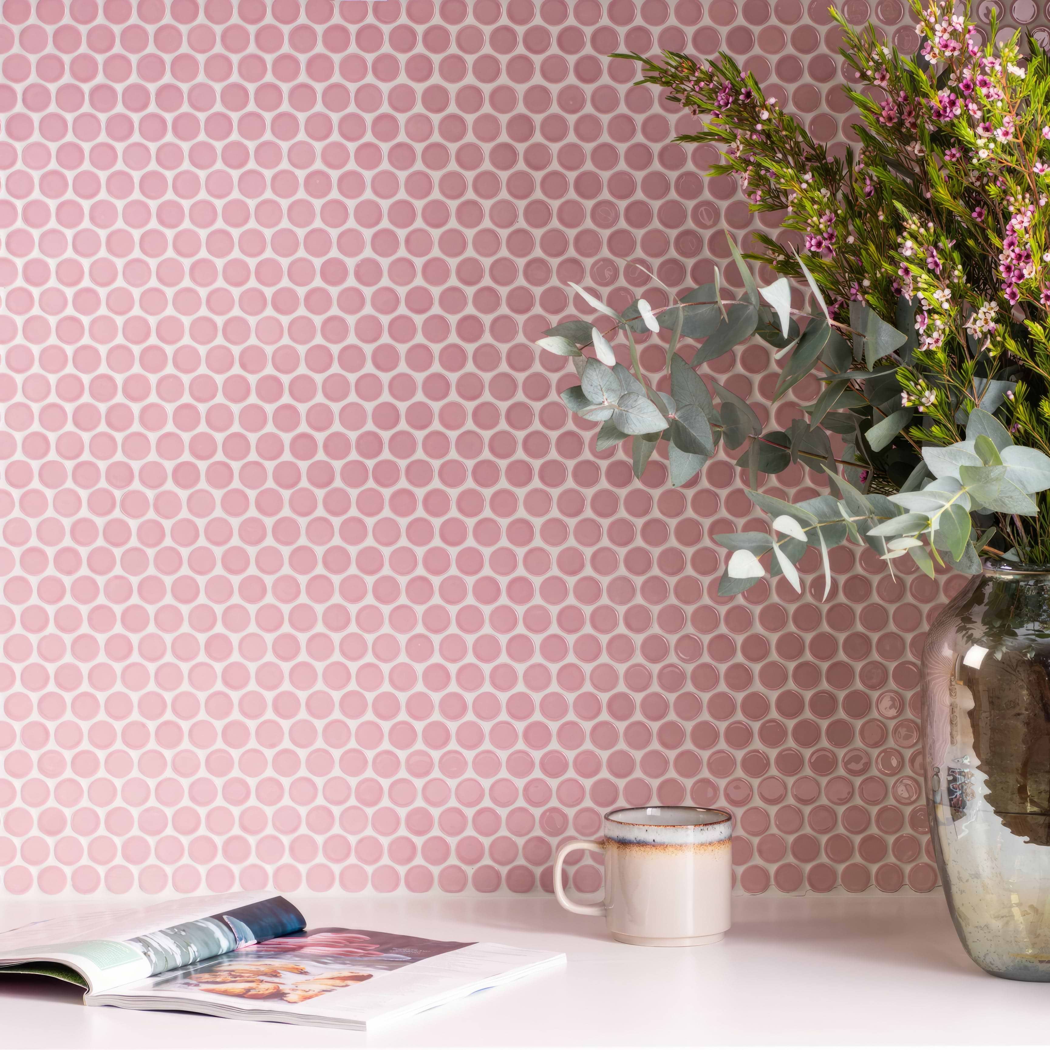 Pink Rounded Tile Mini Pink Penny Round Porcelain Mosaic 305x305mm – Hyperion Tiles
