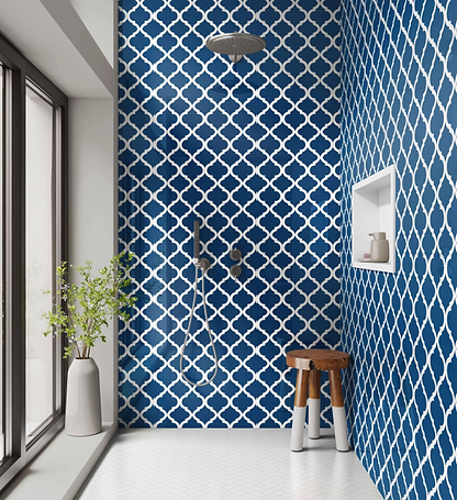 Shower Panel Navy White Quatrefoil By Hyperion Tiles