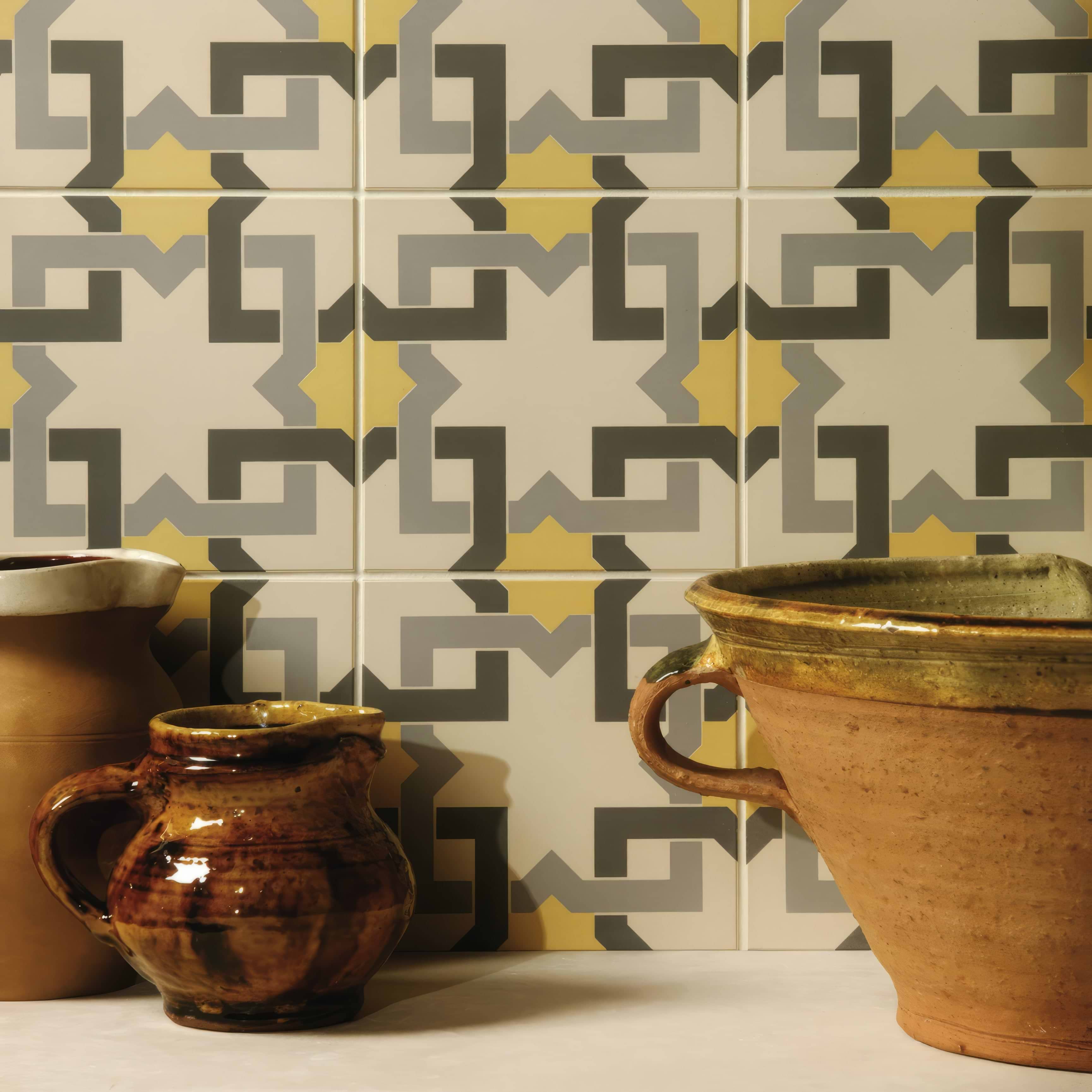 Ottoman Summer Yellow, Light Grey and Dark Grey on White - Hyperion Tiles