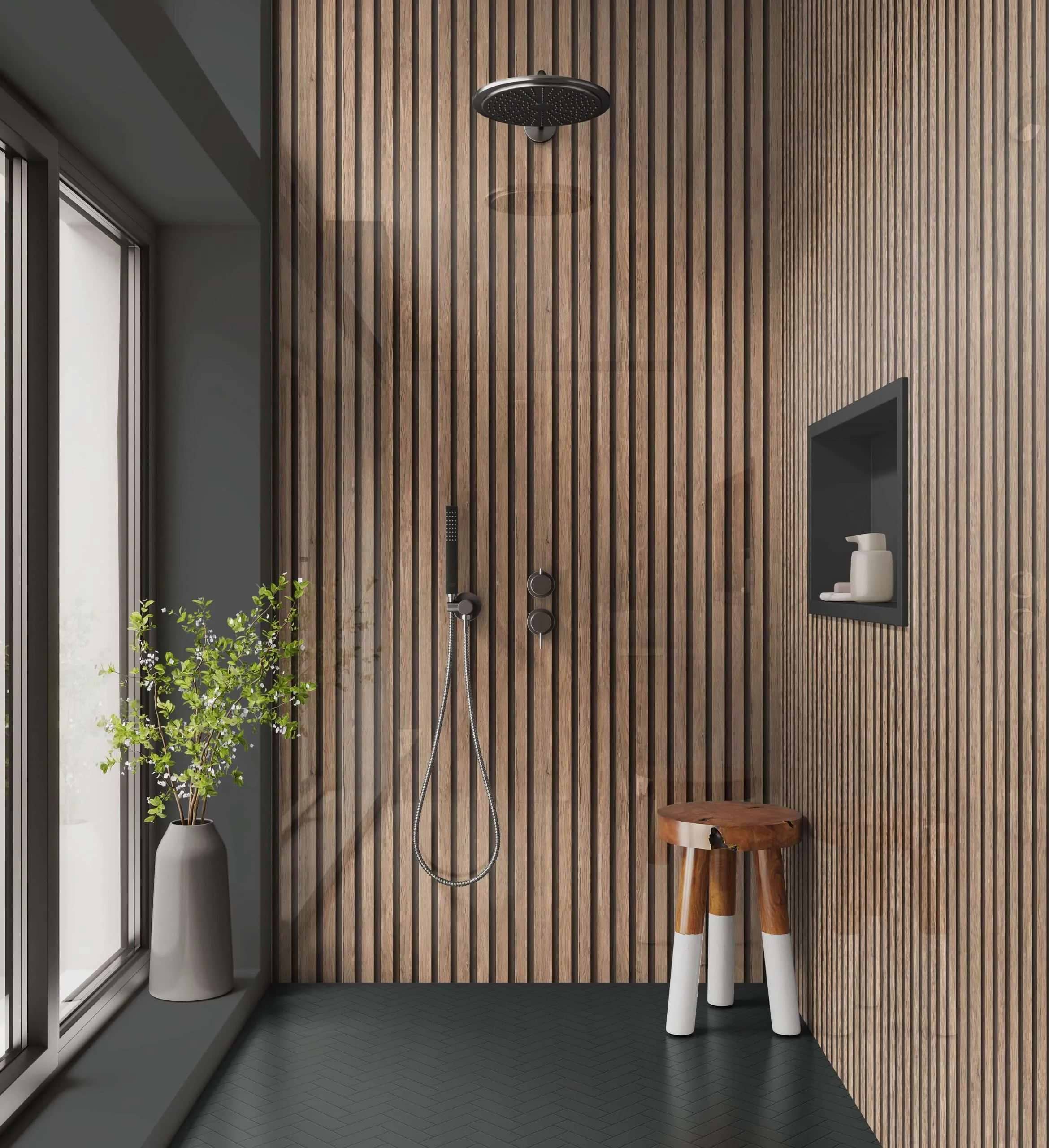 Shower Panel Pale Walnut Acoustic Slatted By Hyperion Tiles