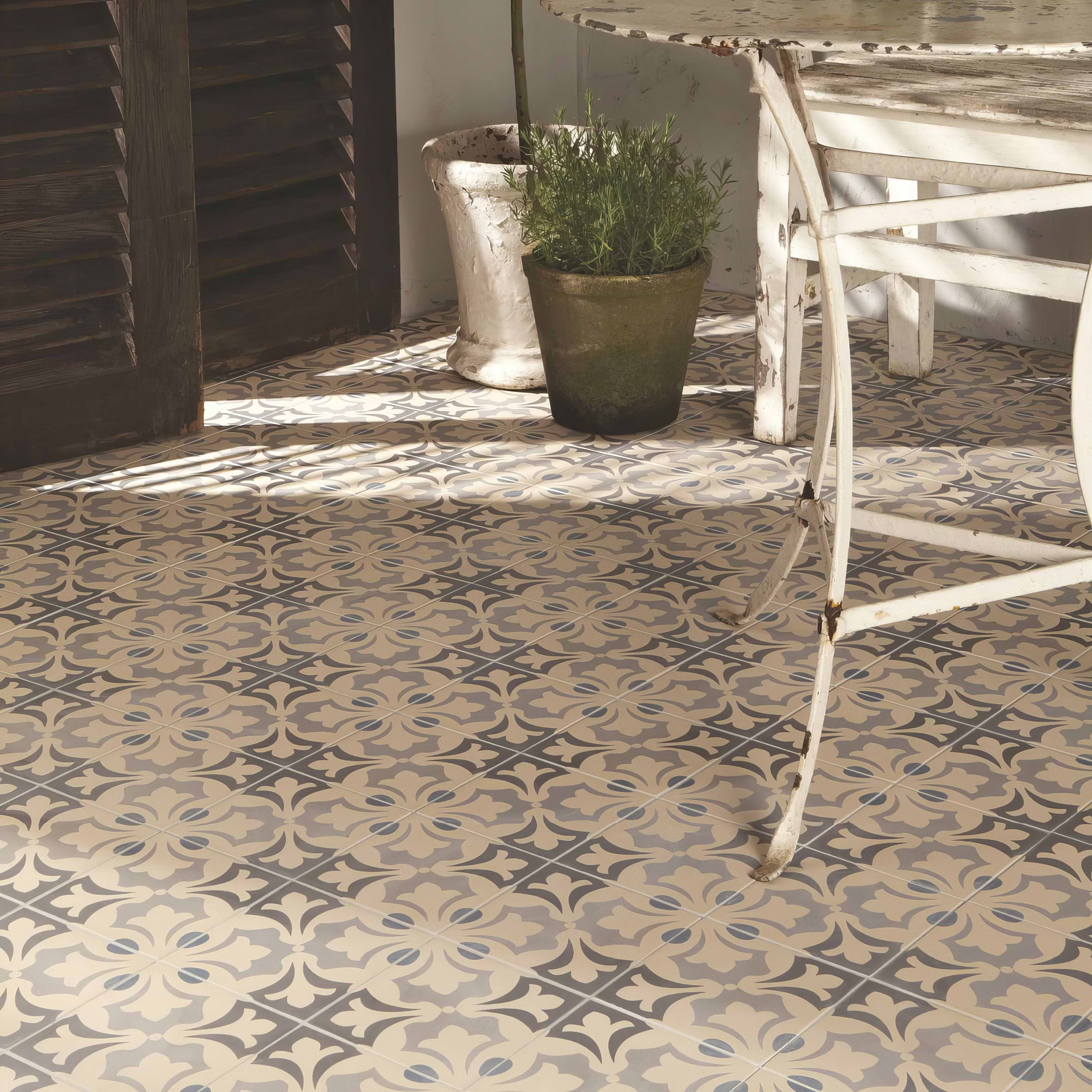 Rococo Light Blue, Light Grey and Dark Grey on White - Hyperion Tiles