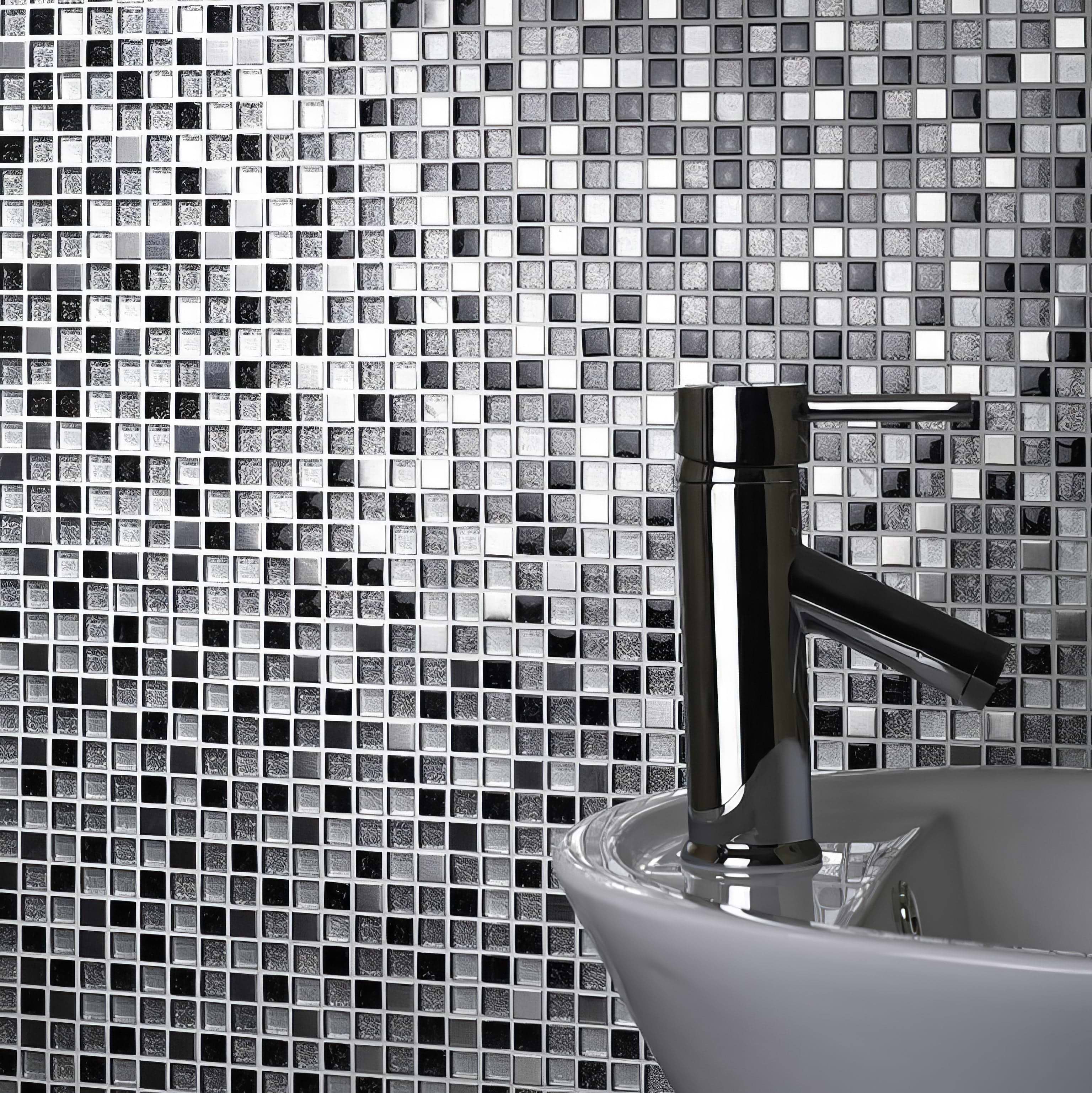 Sparkle Chrome, Black, White Glass & Metal Mix Mosaic - Hyperion Tiles