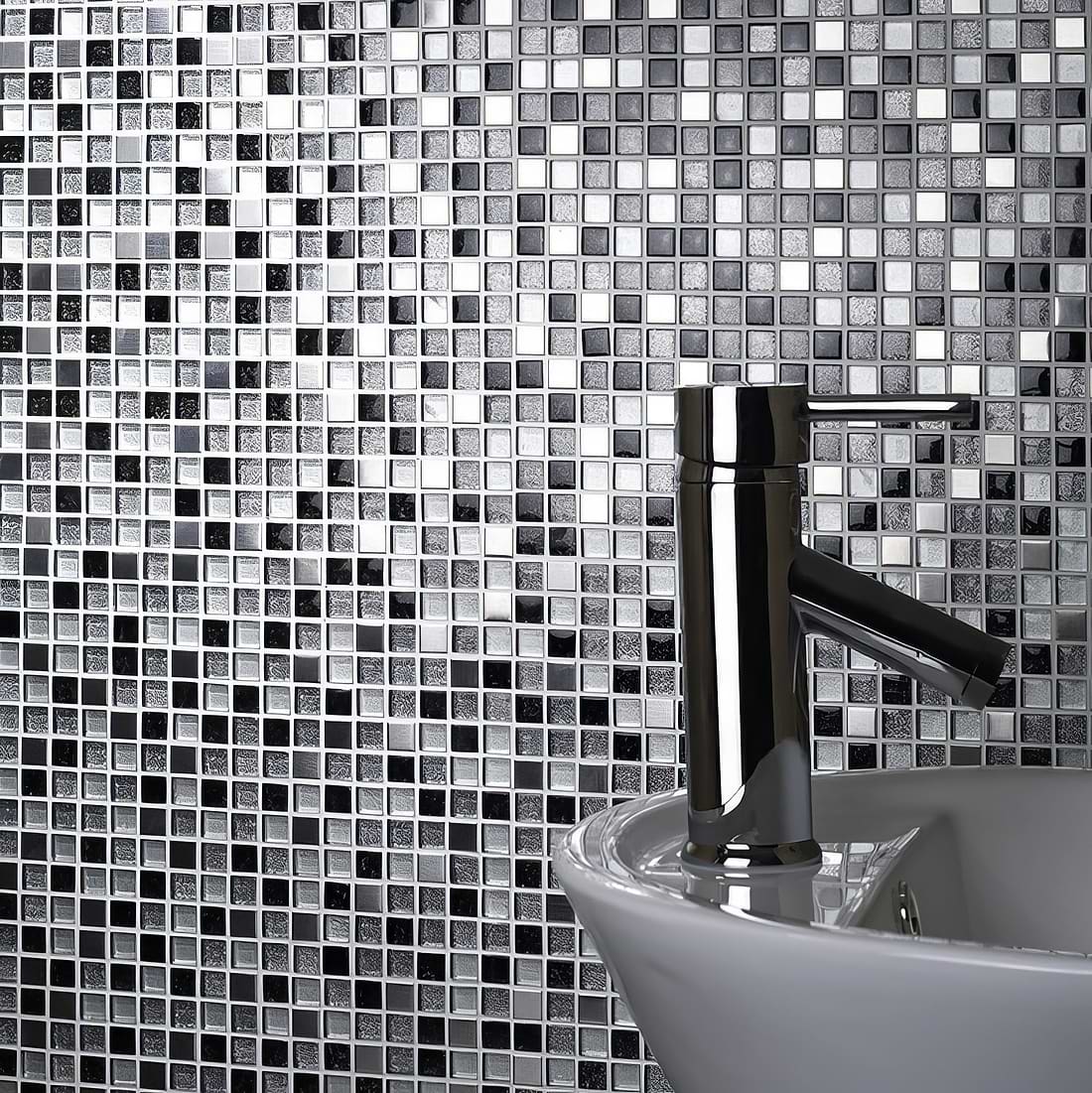 Sparkle Chrome, Black, White Glass &amp; Metal Mix Mosaic - Hyperion Tiles