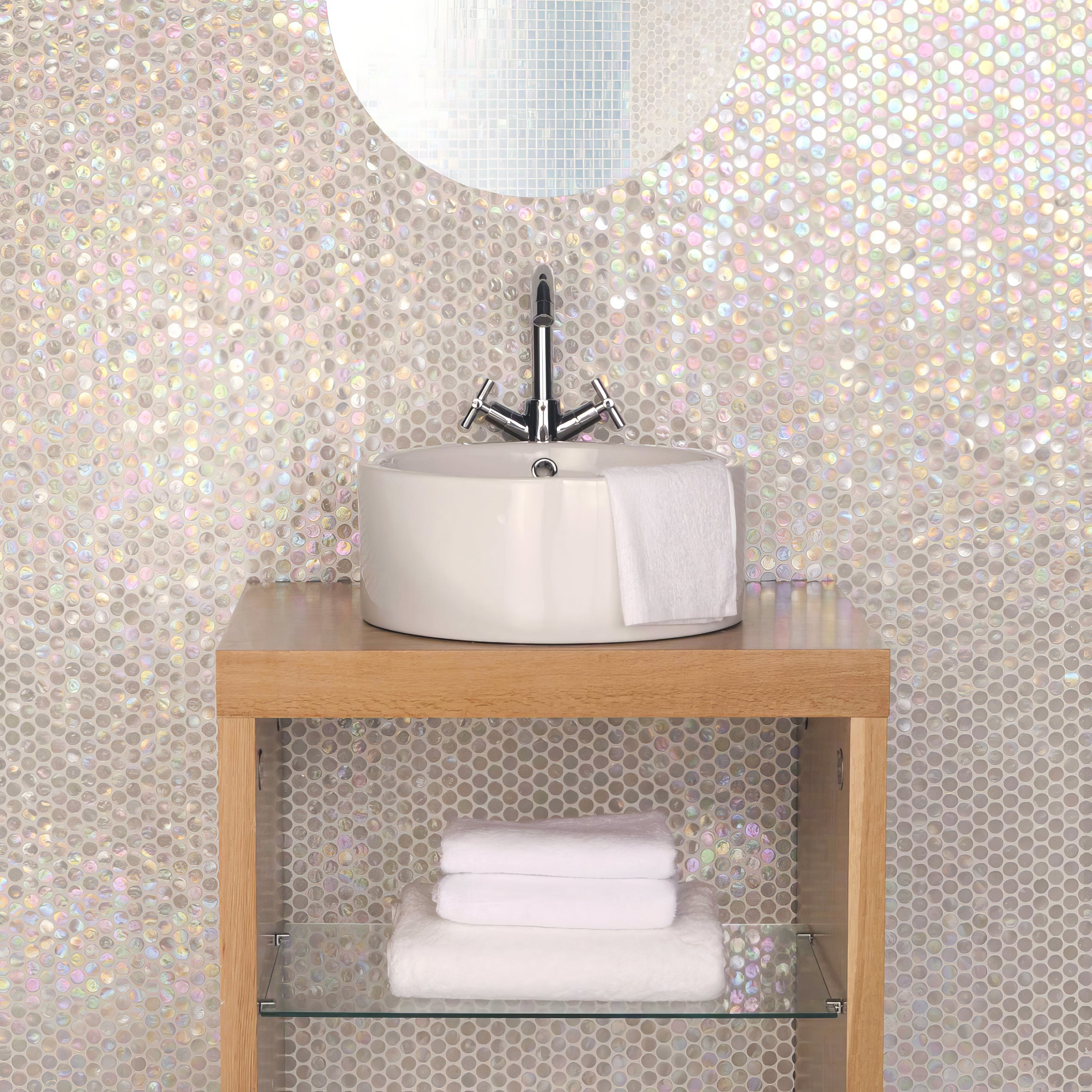 White Lady Iridescent Round Glass Mosaic - Hyperion Tiles