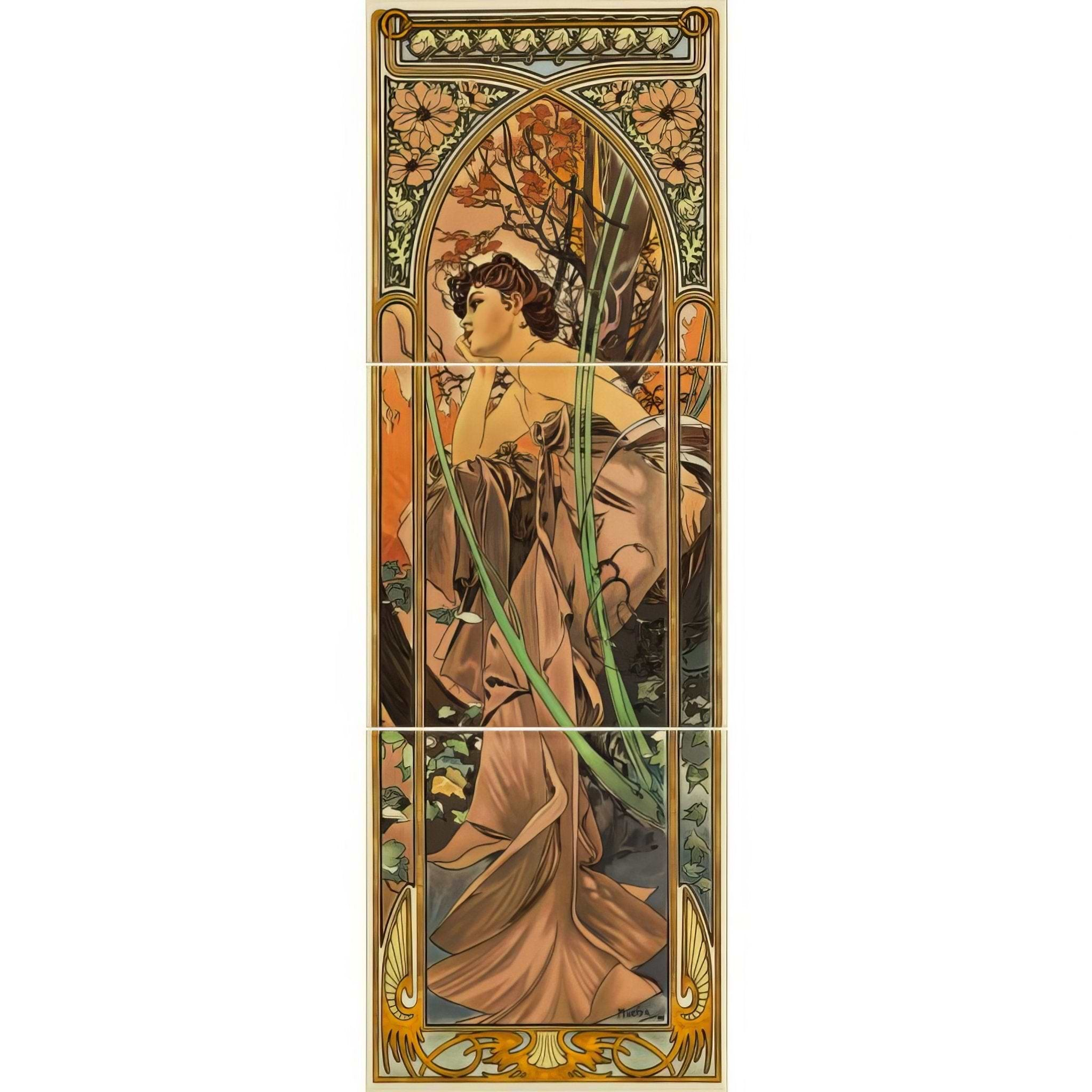 Alphonse Mucha Evening Reverie (Left Hand) 3 - Tile Set on County White - Hyperion Tiles