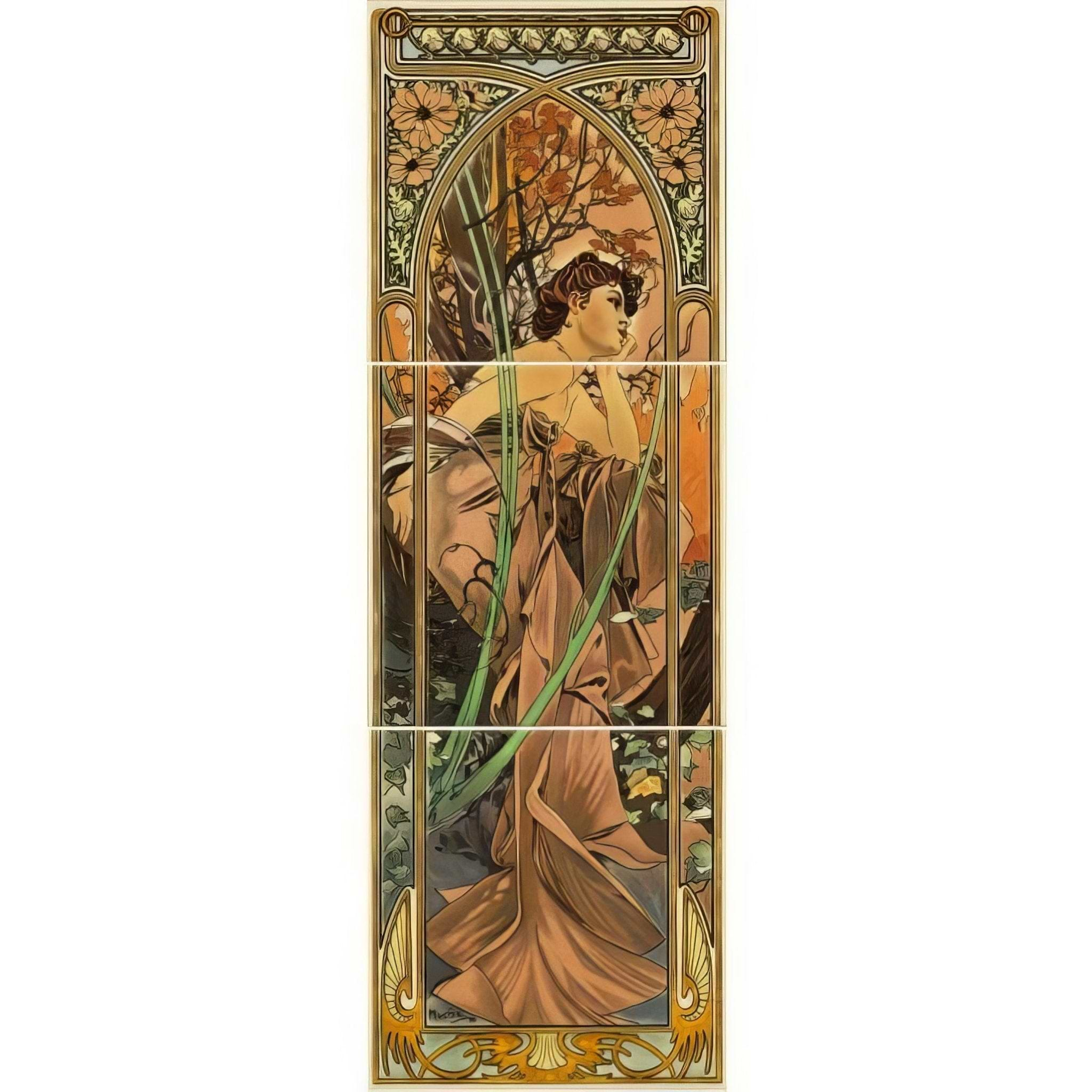 Alphonse Mucha Evening Reverie (Right Hand) 3 - Tile Set on County White - Hyperion Tiles