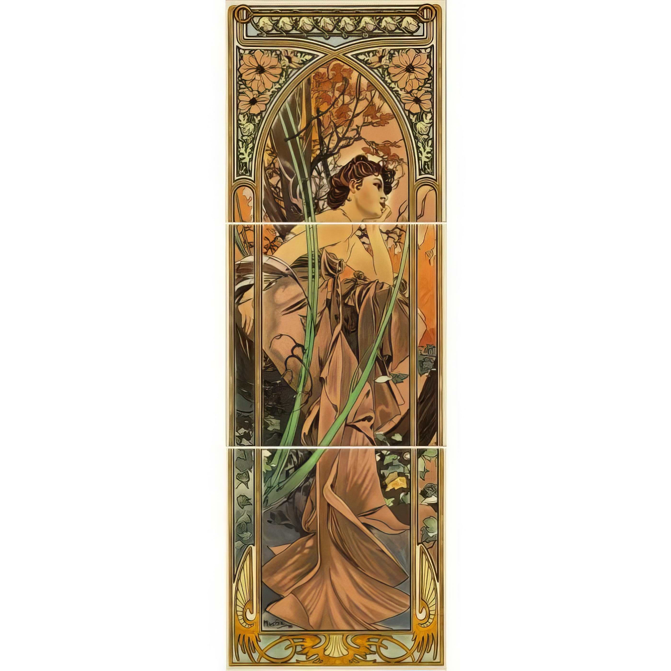 Alphonse Mucha Evening Reverie (Right Hand) 3-Tile Set on County White - Hyperion Tiles