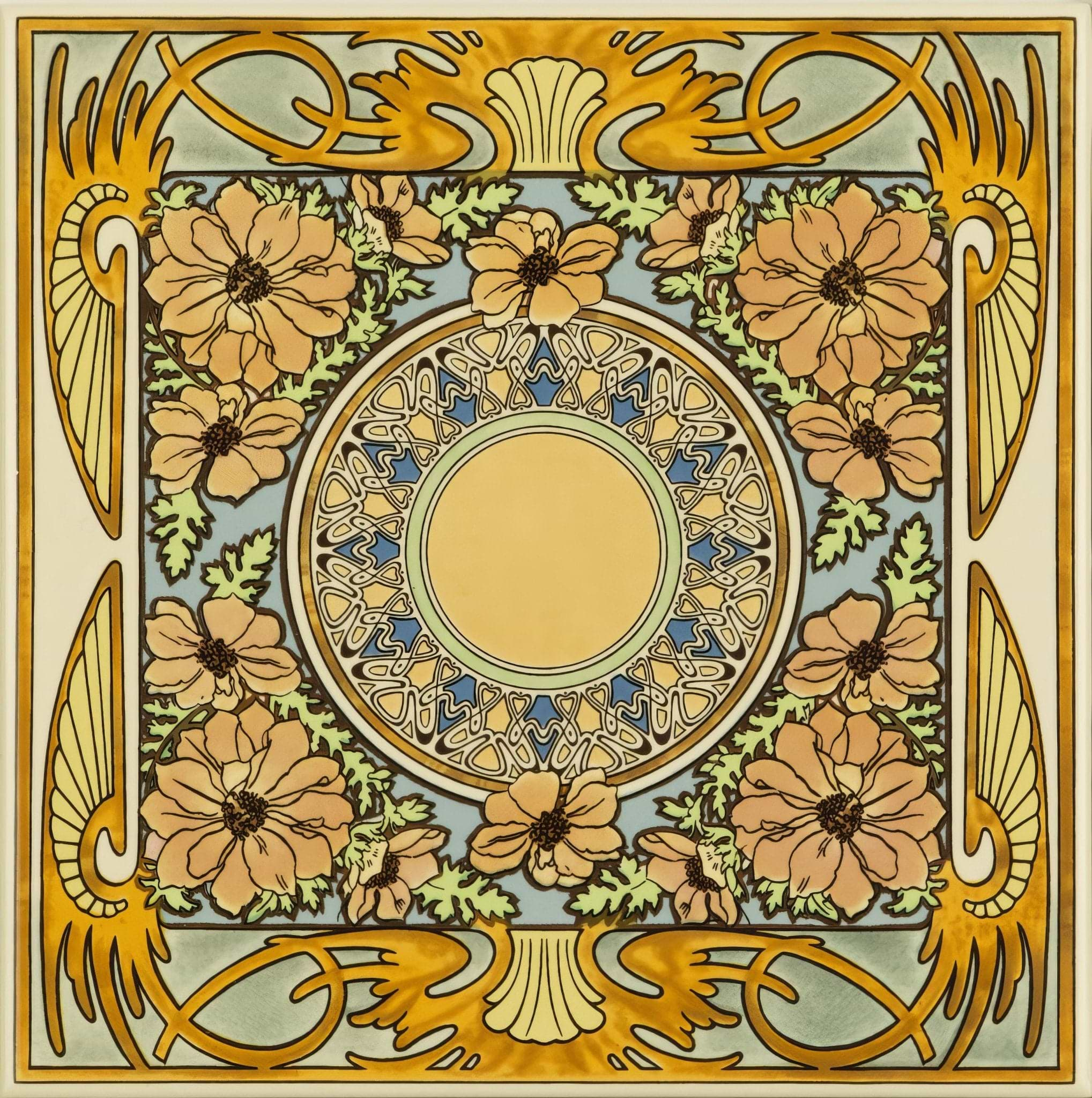 Alphonse Mucha Evening Reverie Single Floral Tile on County White - Hyperion Tiles