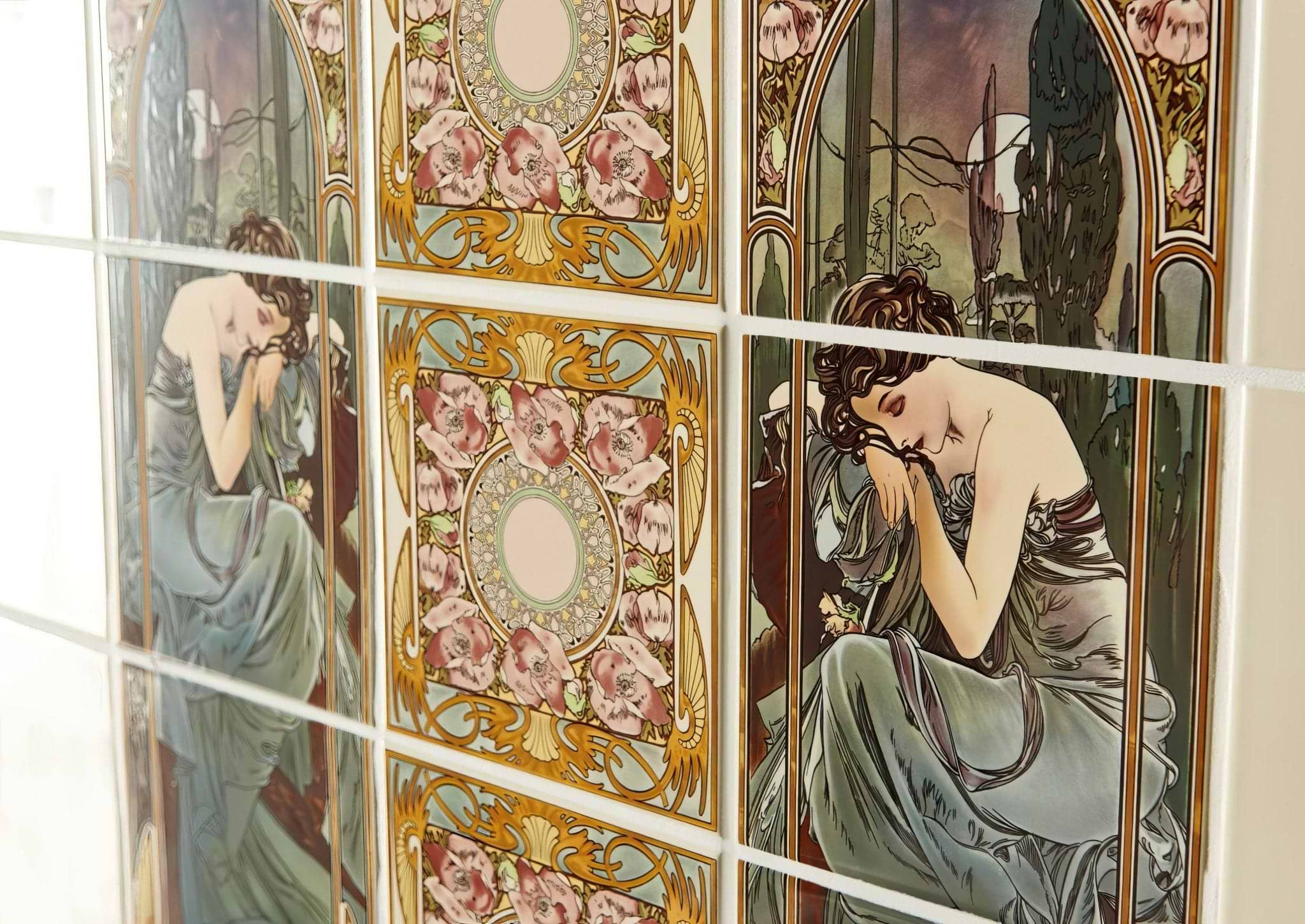 Alphonse Mucha Nocturnal Slumber (Left Hand) 3 - Tile Set on County White - Hyperion Tiles