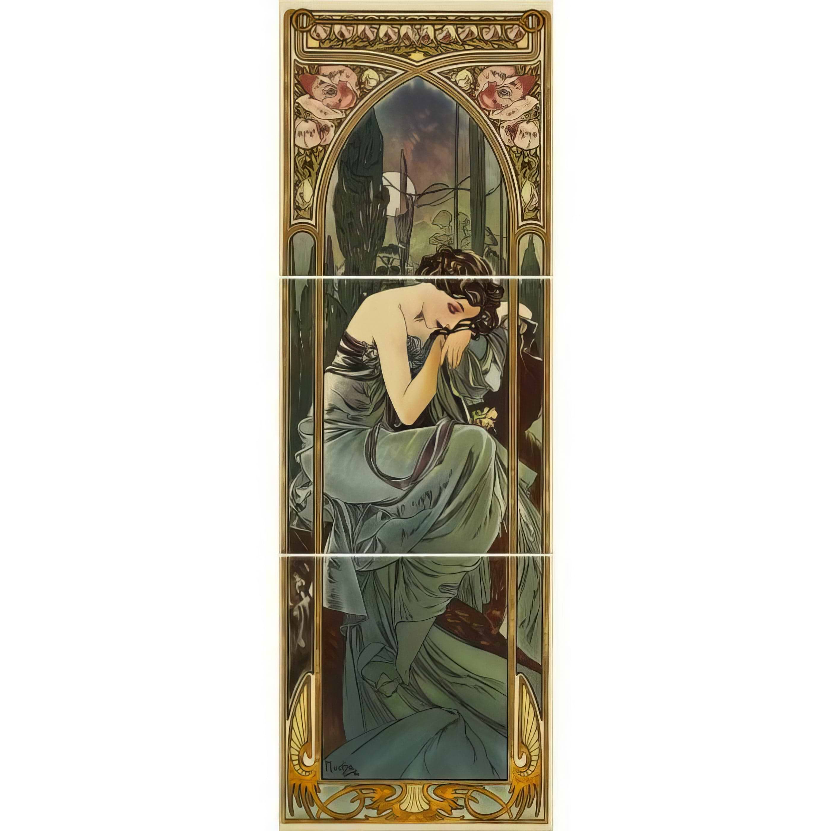 Alphonse Mucha Nocturnal Slumber (Left Hand) 3-Tile Set on County White - Hyperion Tiles