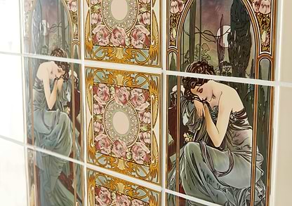 Alphonse Mucha Nocturnal Slumber (Left Hand) 3-Tile Set on County White - Hyperion Tiles