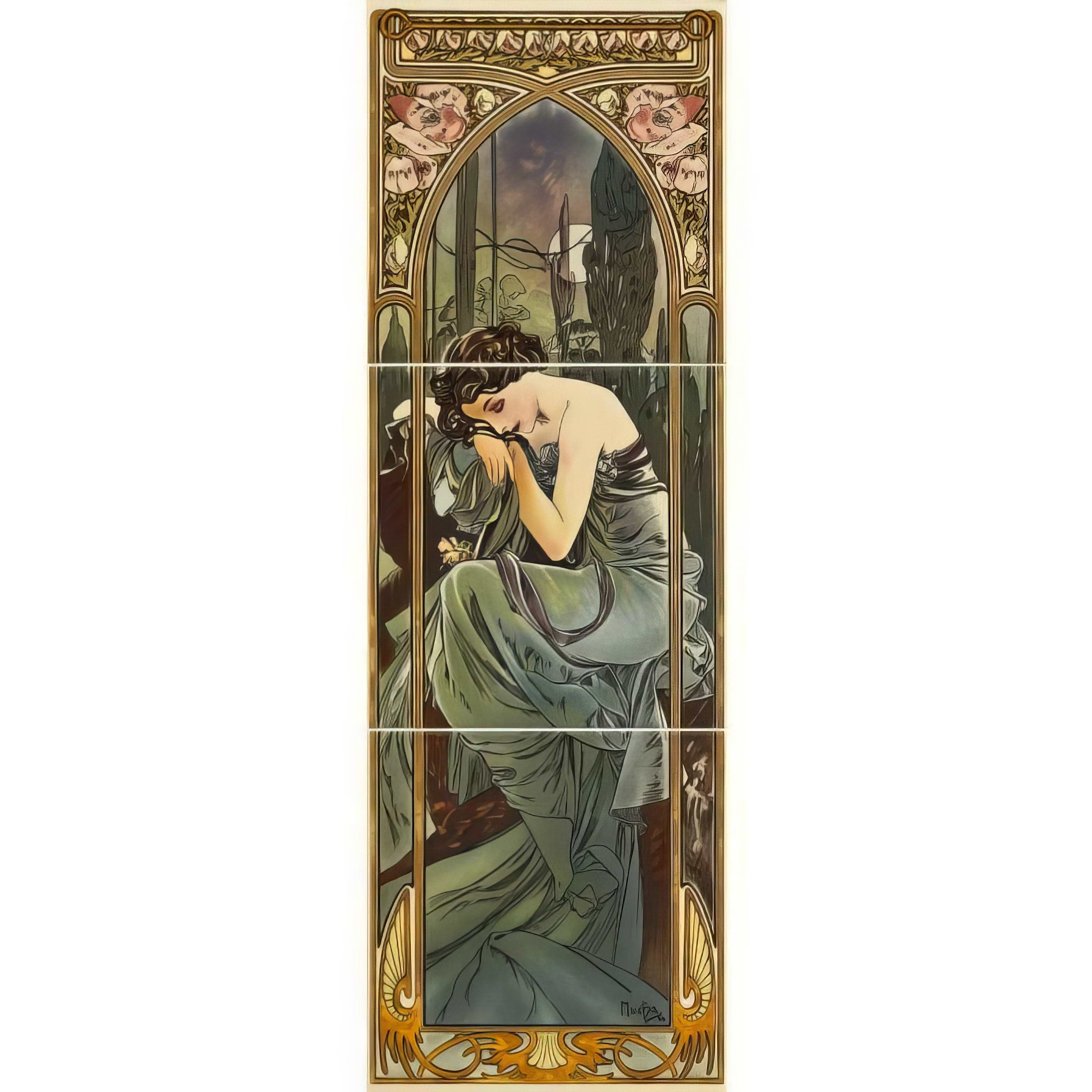 Alphonse Mucha Nocturnal Slumber (Right Hand) 3-Tile Set on County White - Hyperion Tiles