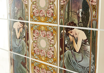 Alphonse Mucha Nocturnal Slumber (Right Hand) 3-Tile Set on County White - Hyperion Tiles