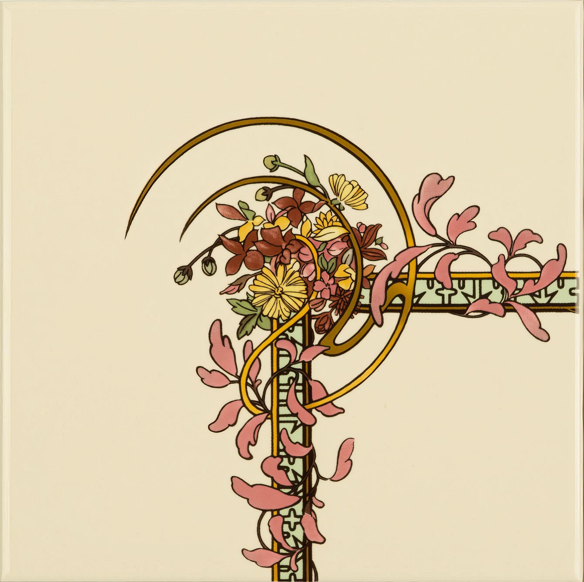 Alphonse Mucha Spring (Left Hand) Corner Tile on County White - Hyperion Tiles