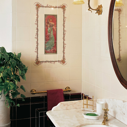 Alphonse Mucha Spring (Left Hand) Corner Tile on County White - Hyperion Tiles