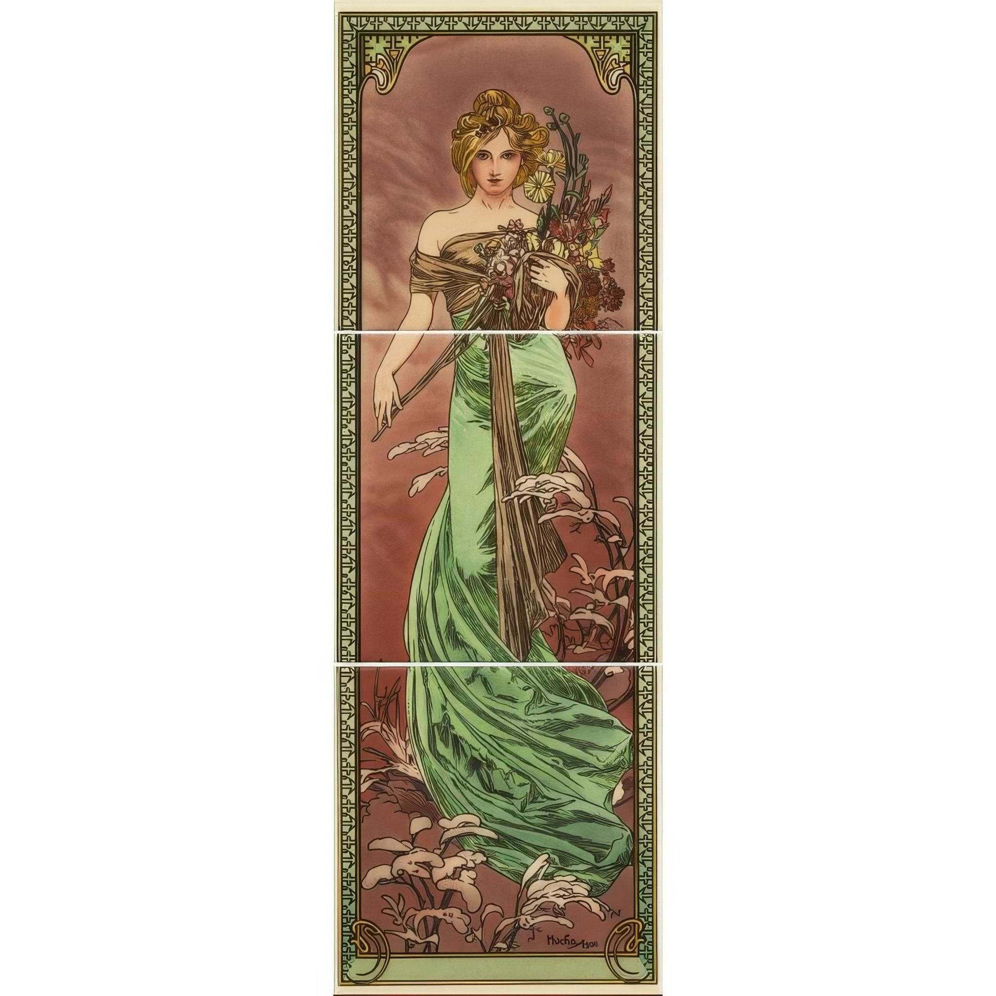 Alphonse Mucha Spring (Right Hand) 3 - Tile Set on County White - Hyperion Tiles