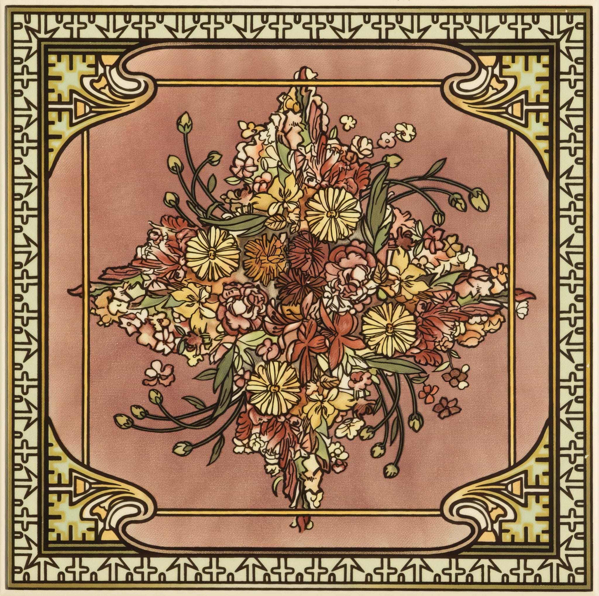 Alphonse Mucha Spring Single Floral Tile on County White - Hyperion Tiles