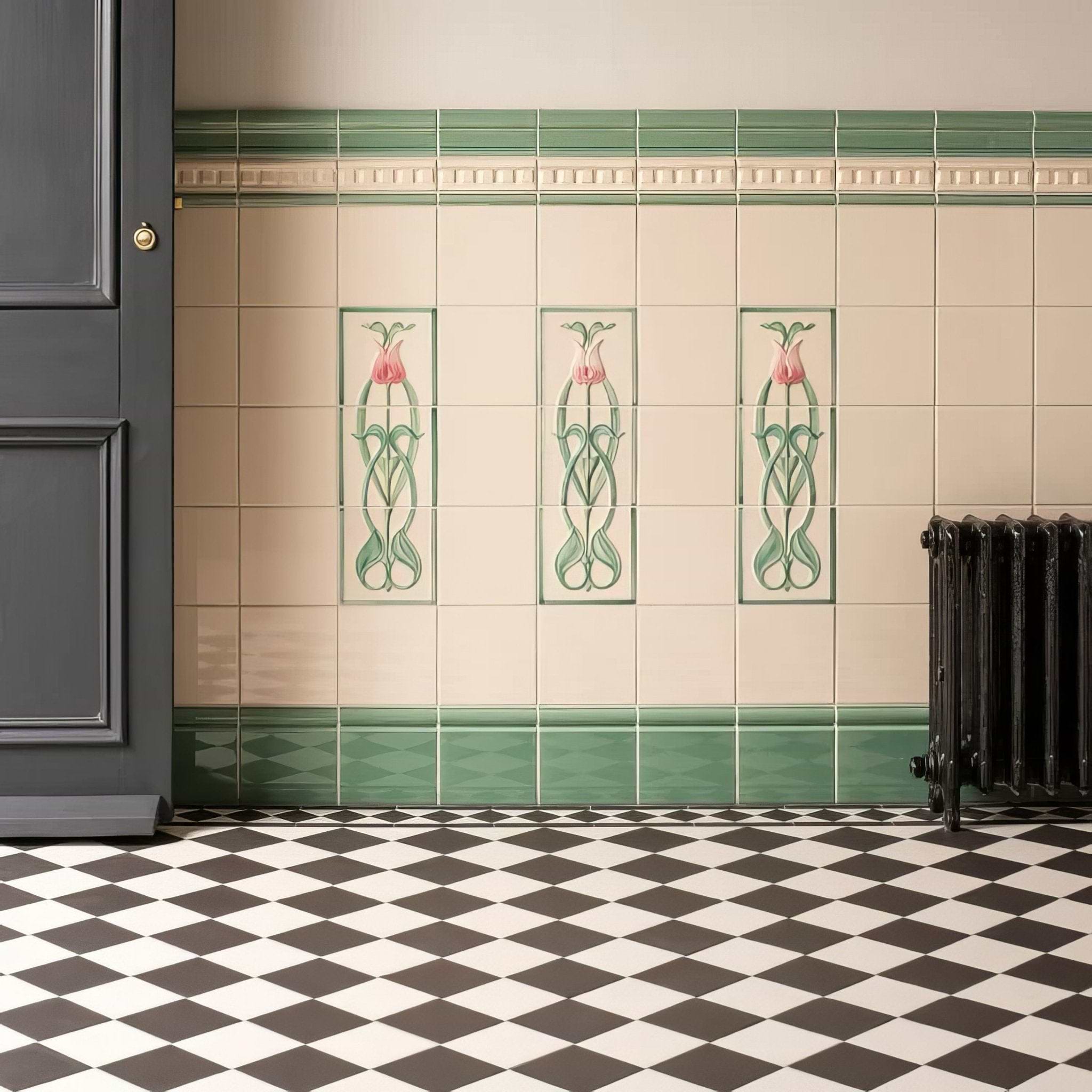 Angelina Pink Tulip 3 - Tile Set on County White - Hyperion Tiles