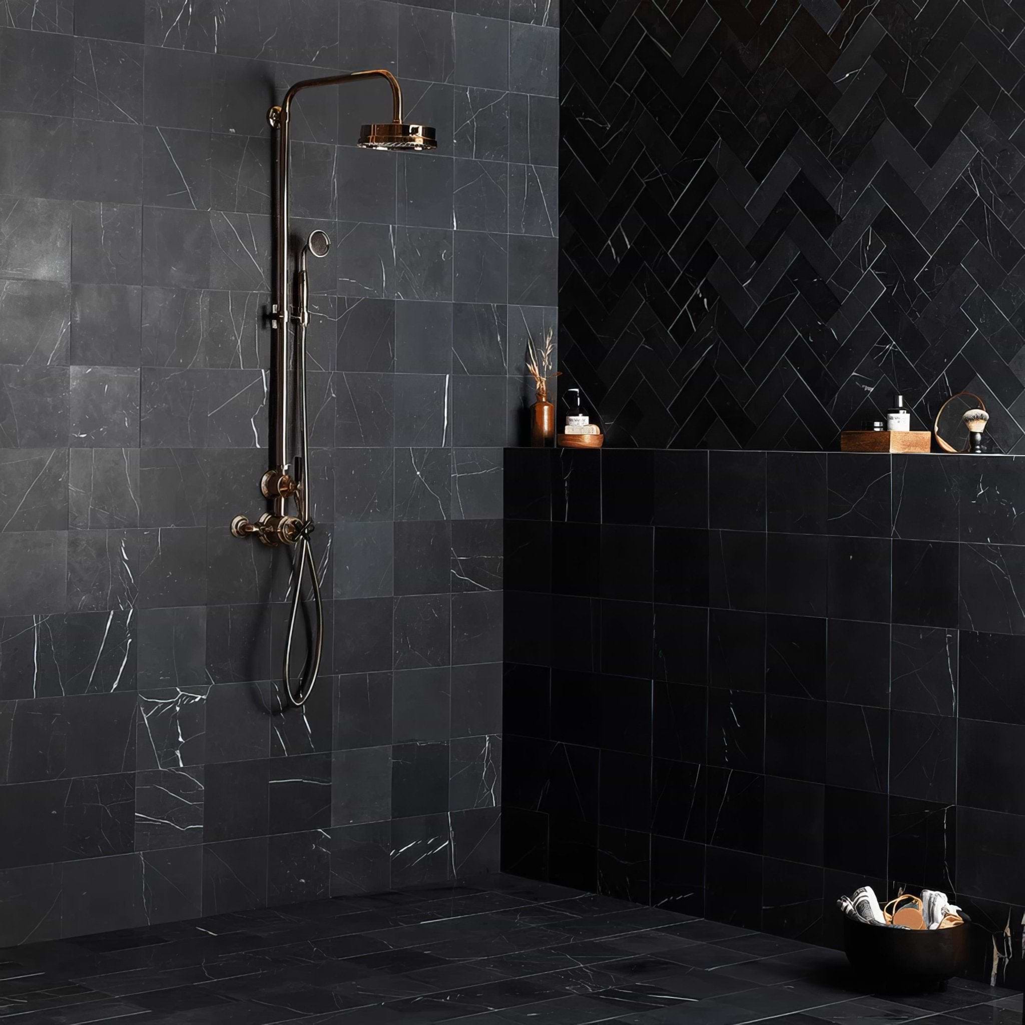 Black Herringbone Honed Marble Tile - Hyperion Tiles