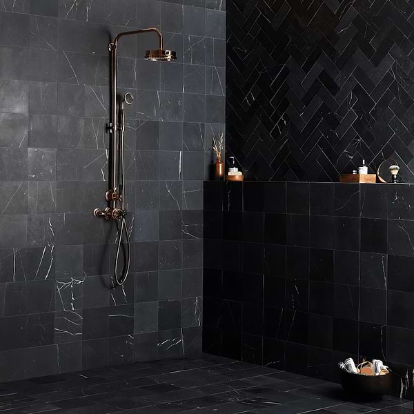 Black Herringbone Honed Marble Tile - Hyperion Tiles