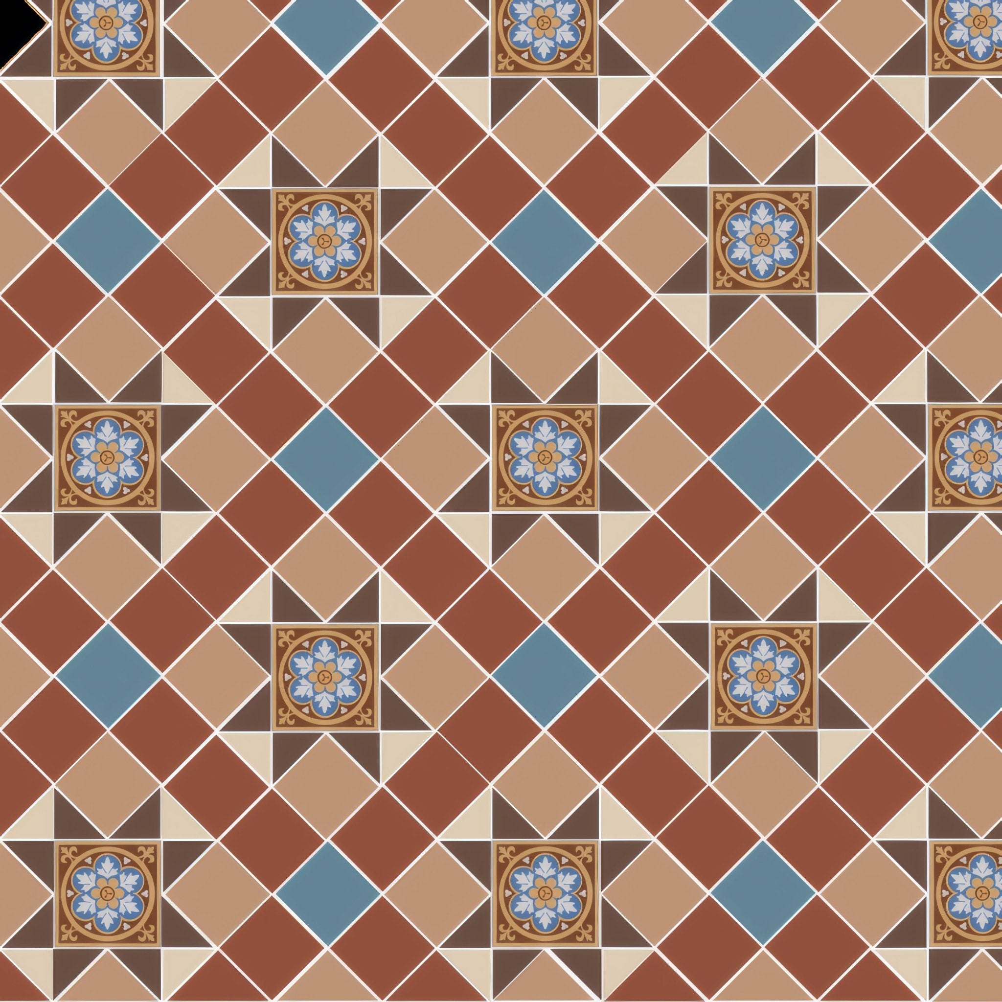 Blenheim Blue, Brown, Buff, Red & White with Livingstone Blue on Buff - Hyperion Tiles