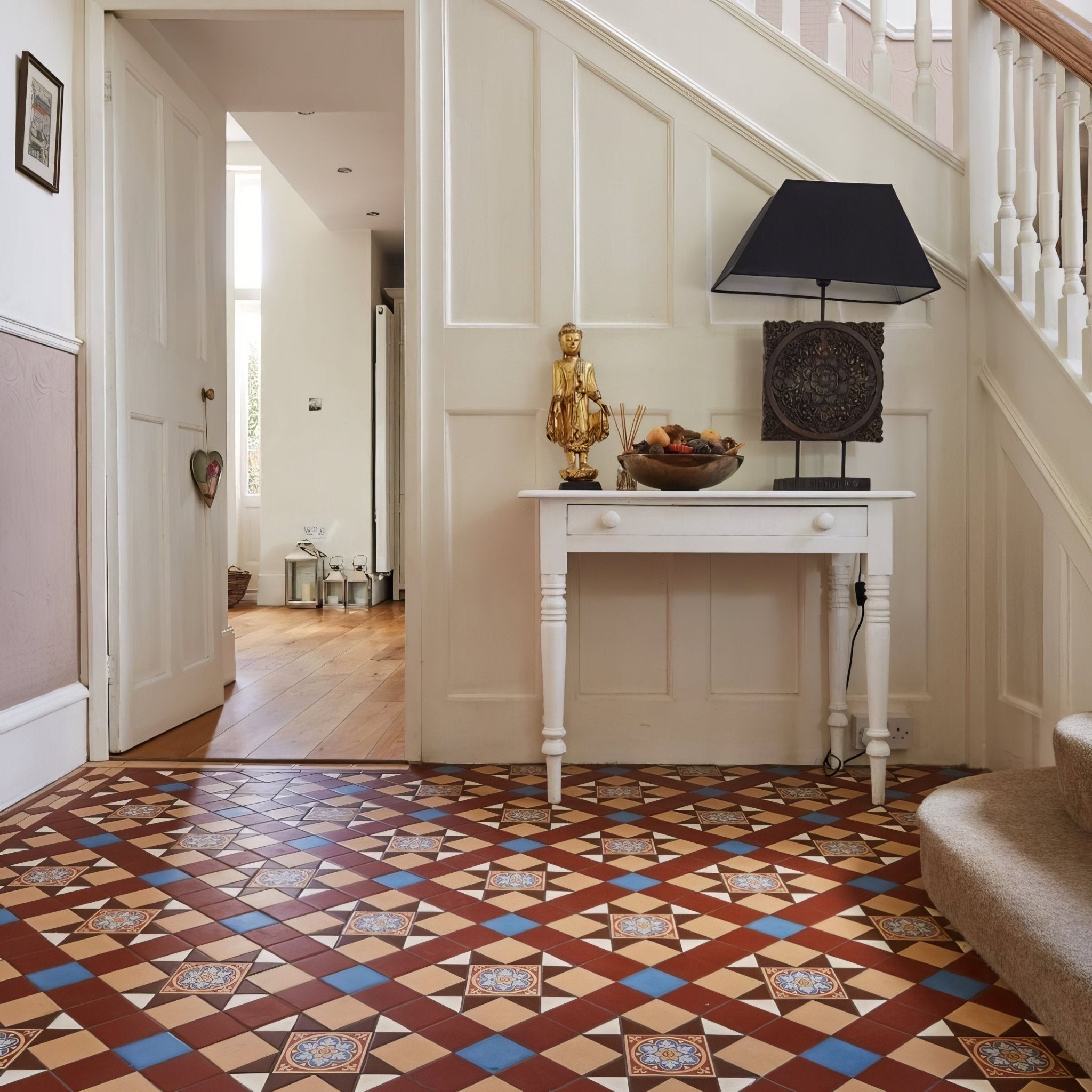 Blenheim Blue, Brown, Buff, Red & White with Livingstone Blue on Buff - Hyperion Tiles