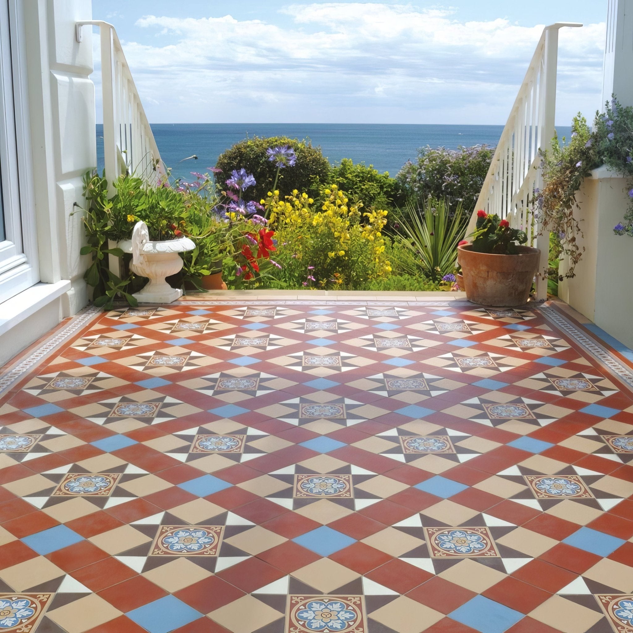 Blenheim Blue, Brown, Buff, Red & White with Livingstone Blue on Buff - Hyperion Tiles