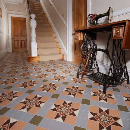 Blenheim Brown, Buff, Green, Grey & White with Livingstone Green on Buff - Hyperion Tiles