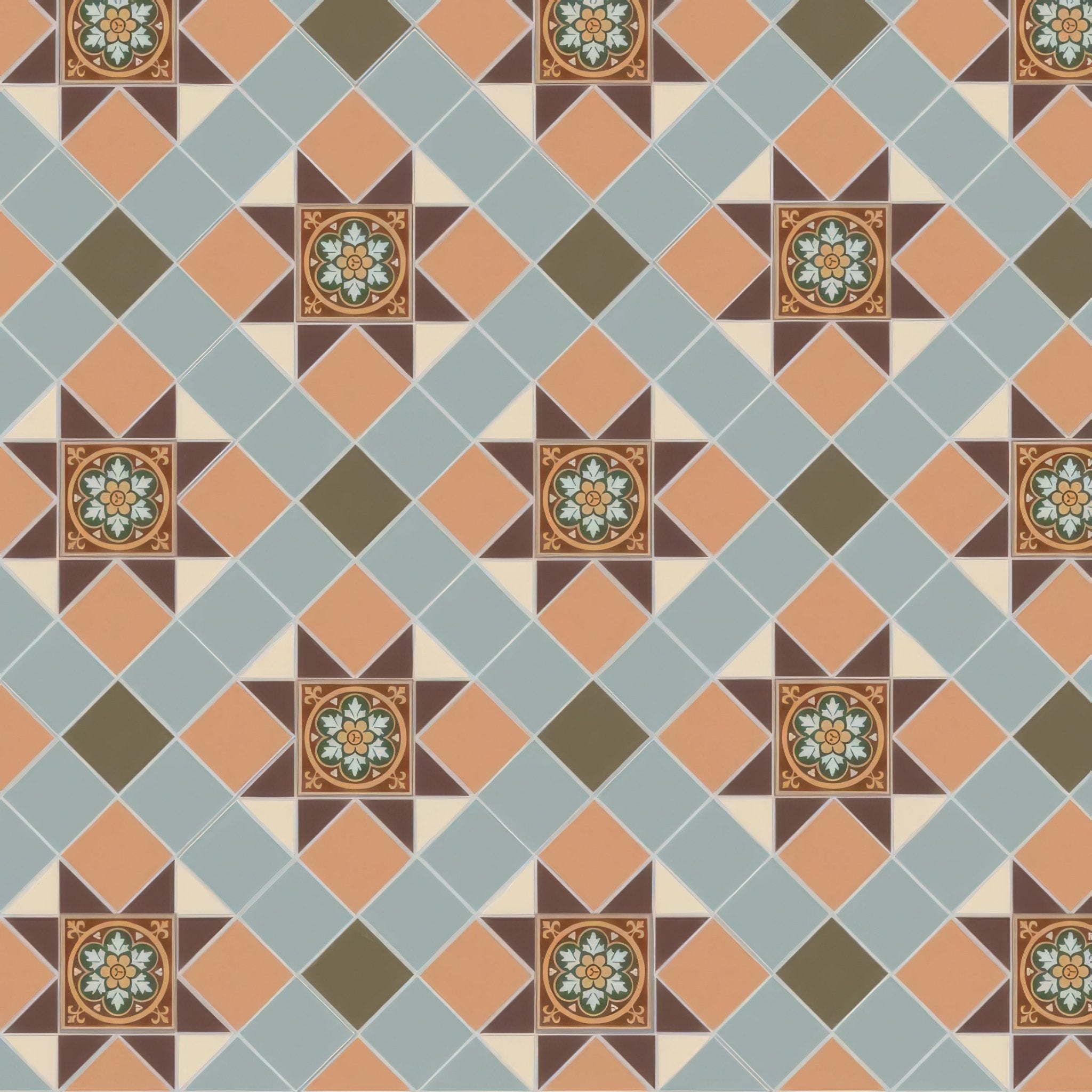 Blenheim Brown, Buff, Green, Grey & White with Livingstone Green on Buff - Hyperion Tiles