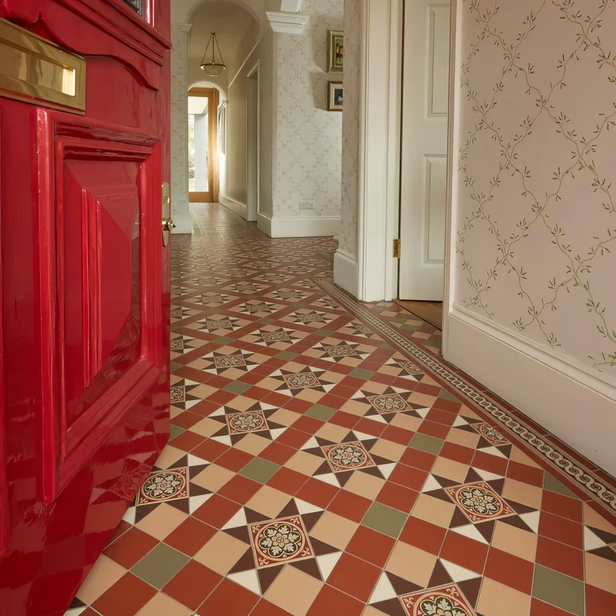 Blenheim Brown, Buff, Green, Red & White with Livingstone Green on Buff - Hyperion Tiles