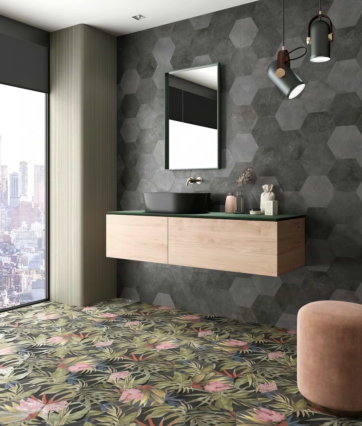 Botanical Hexagon Black Floral - Hyperion Tiles